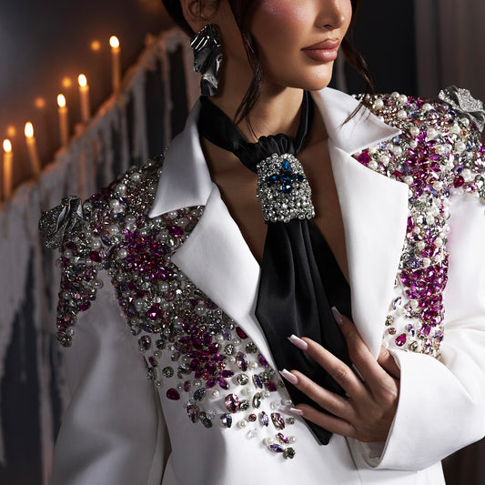 White Embellished Blazer & Black Tie