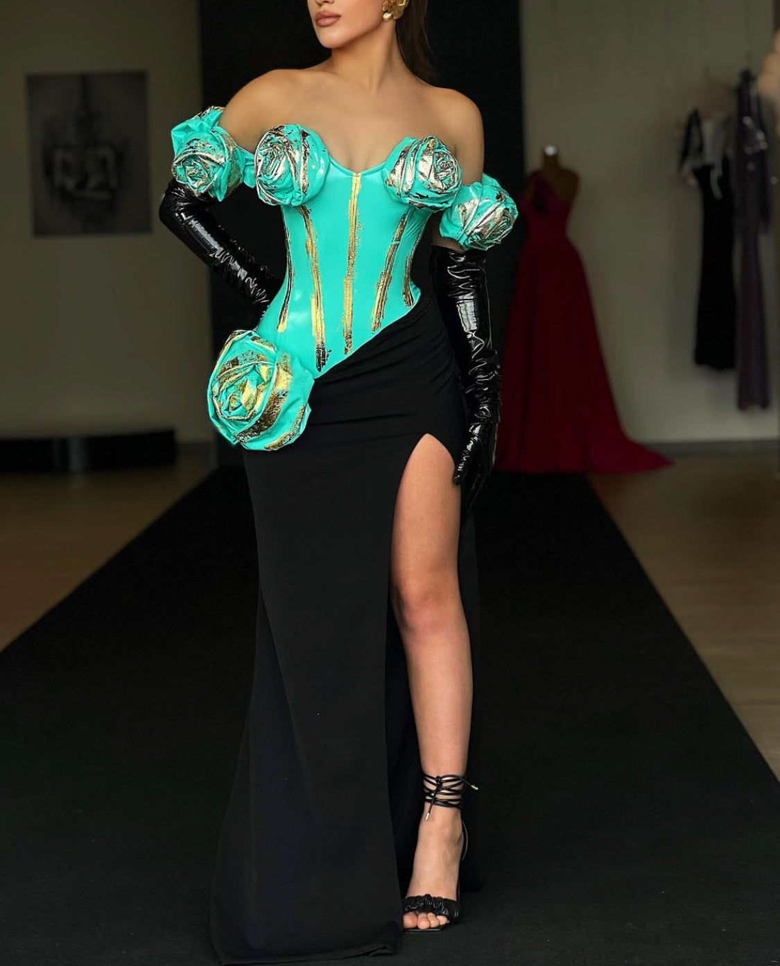 Turquoise & Gold Painted Corset Gown
