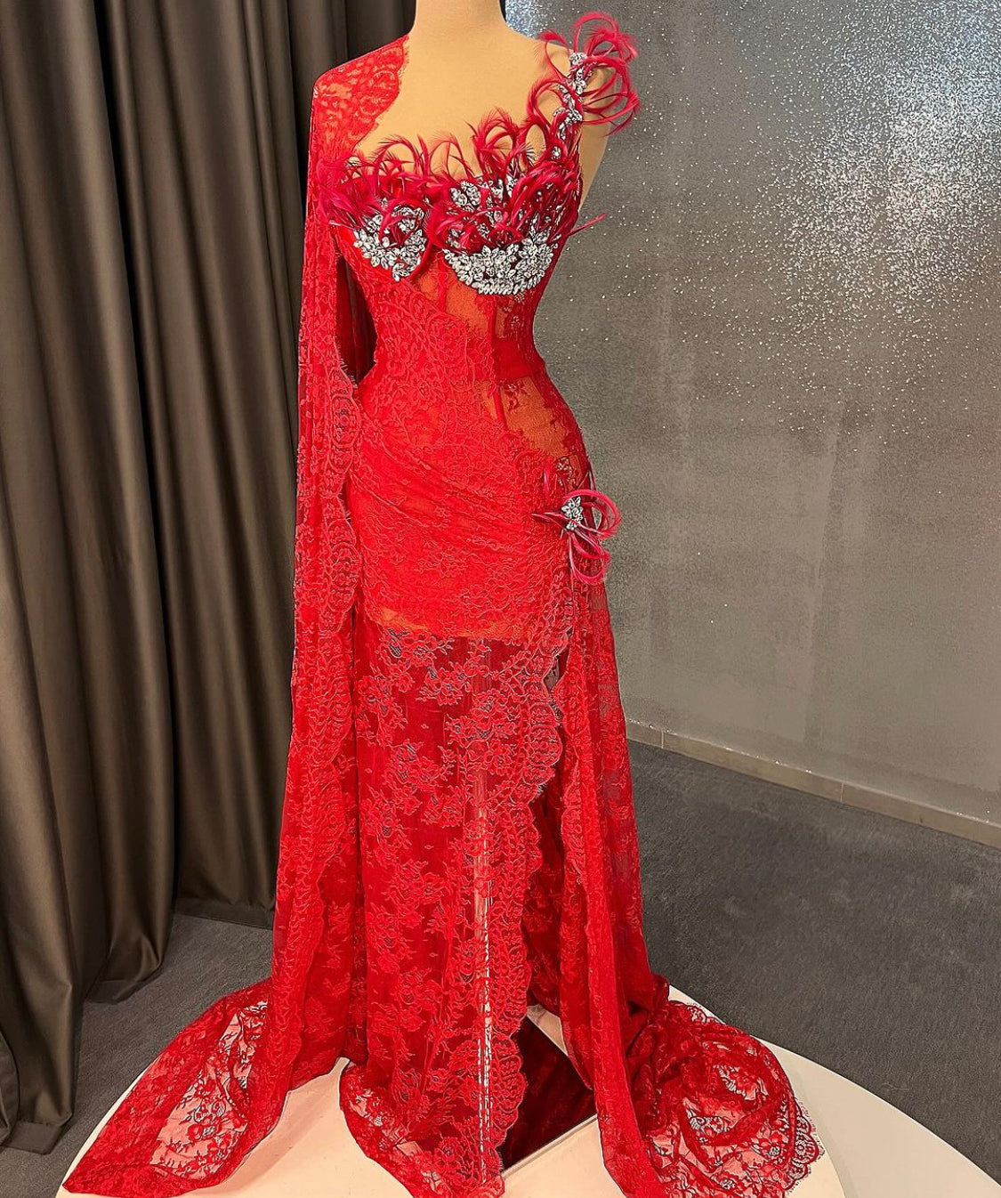 Red Lace Embellished with Silver Crystals