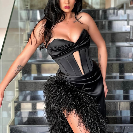 Feather Slit Elegant Dress