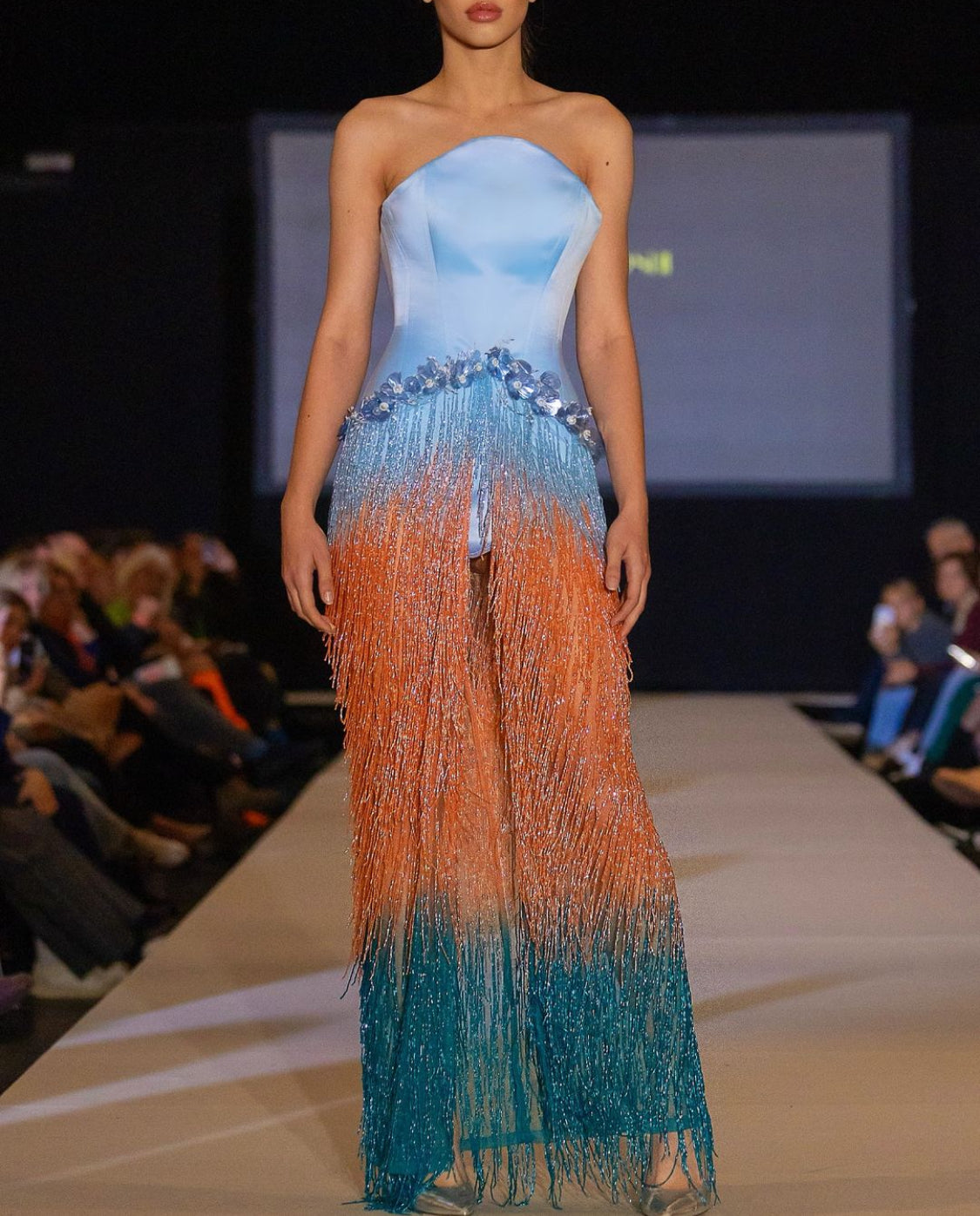 Blue Corset & Colorful Fringes Gown