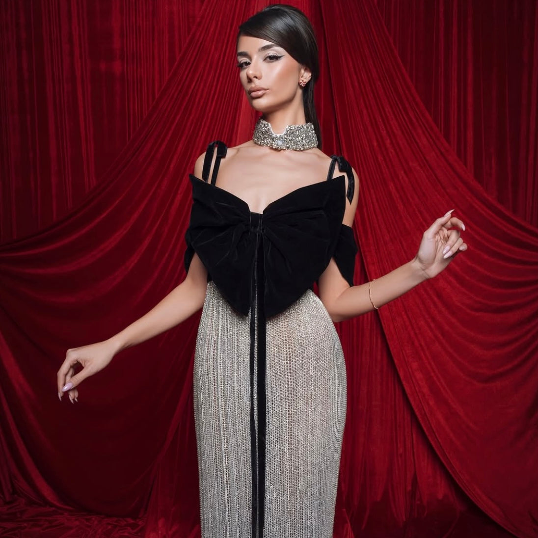 Crystal Gown & Velvet Bow Top