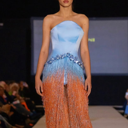 Blue Corset & Colorful Fringes Gown