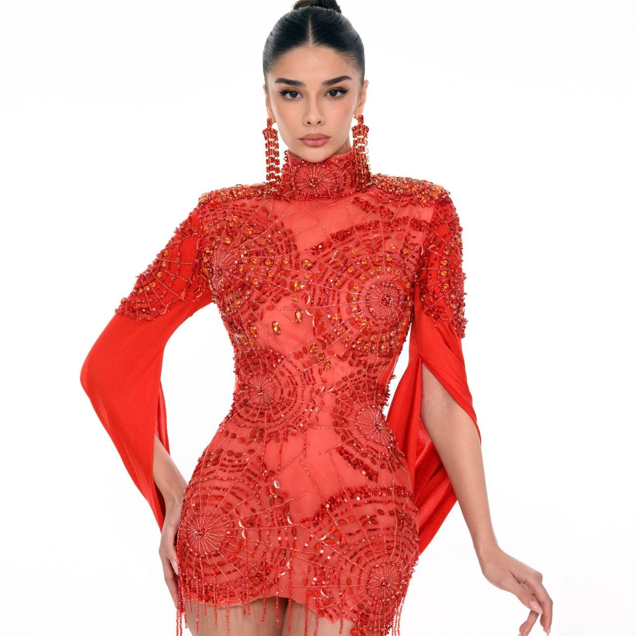 red embellished mini dress Zephyra Red Rhinestone Embellished Mini Dress
