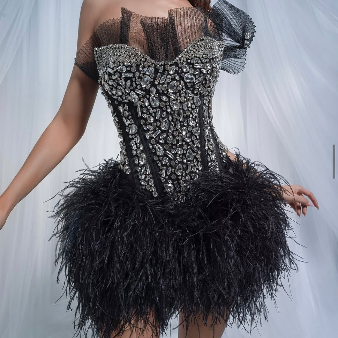 corset dress with feather skirt Off-shoulder crystal corset mini dress with ostrich feather skirt Off-White / US 12