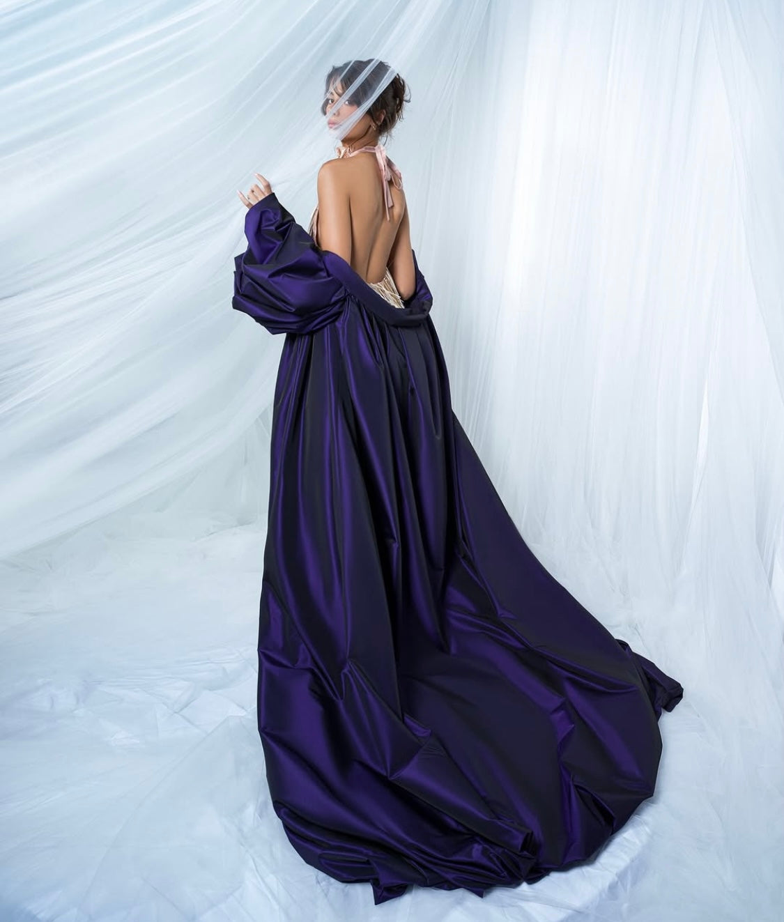 Nude Fringes Short Dress & Purple Taffeta Cape