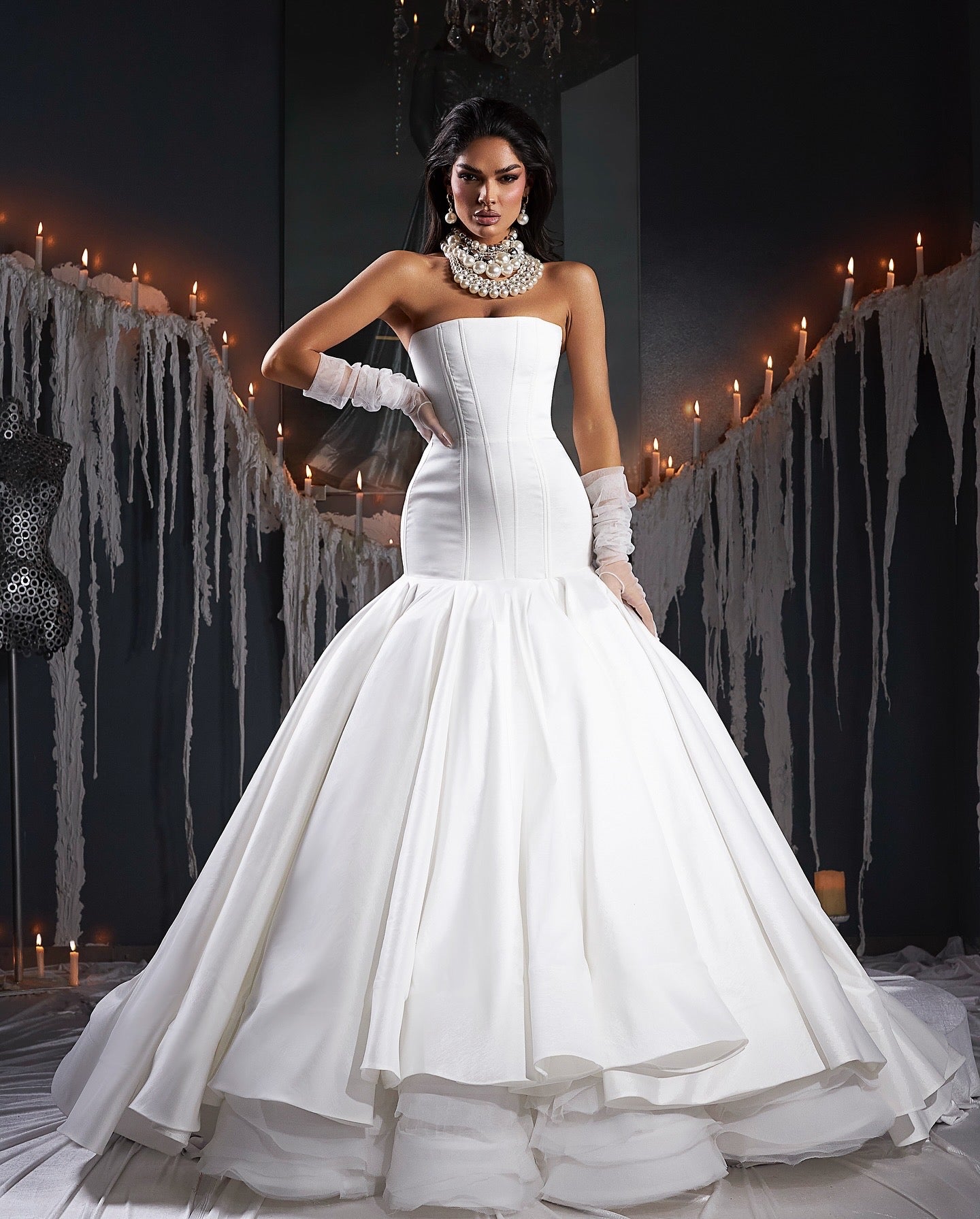 White Mermaid Gown & Rose Cape