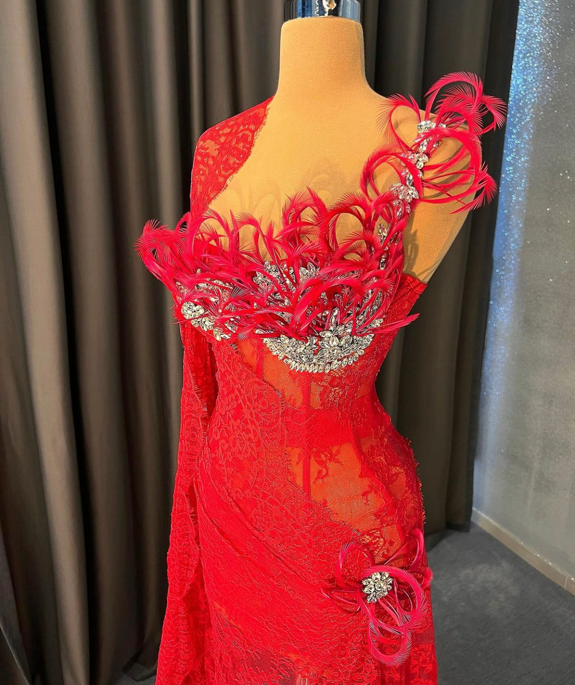 Red Lace Embellished with Silver Crystals