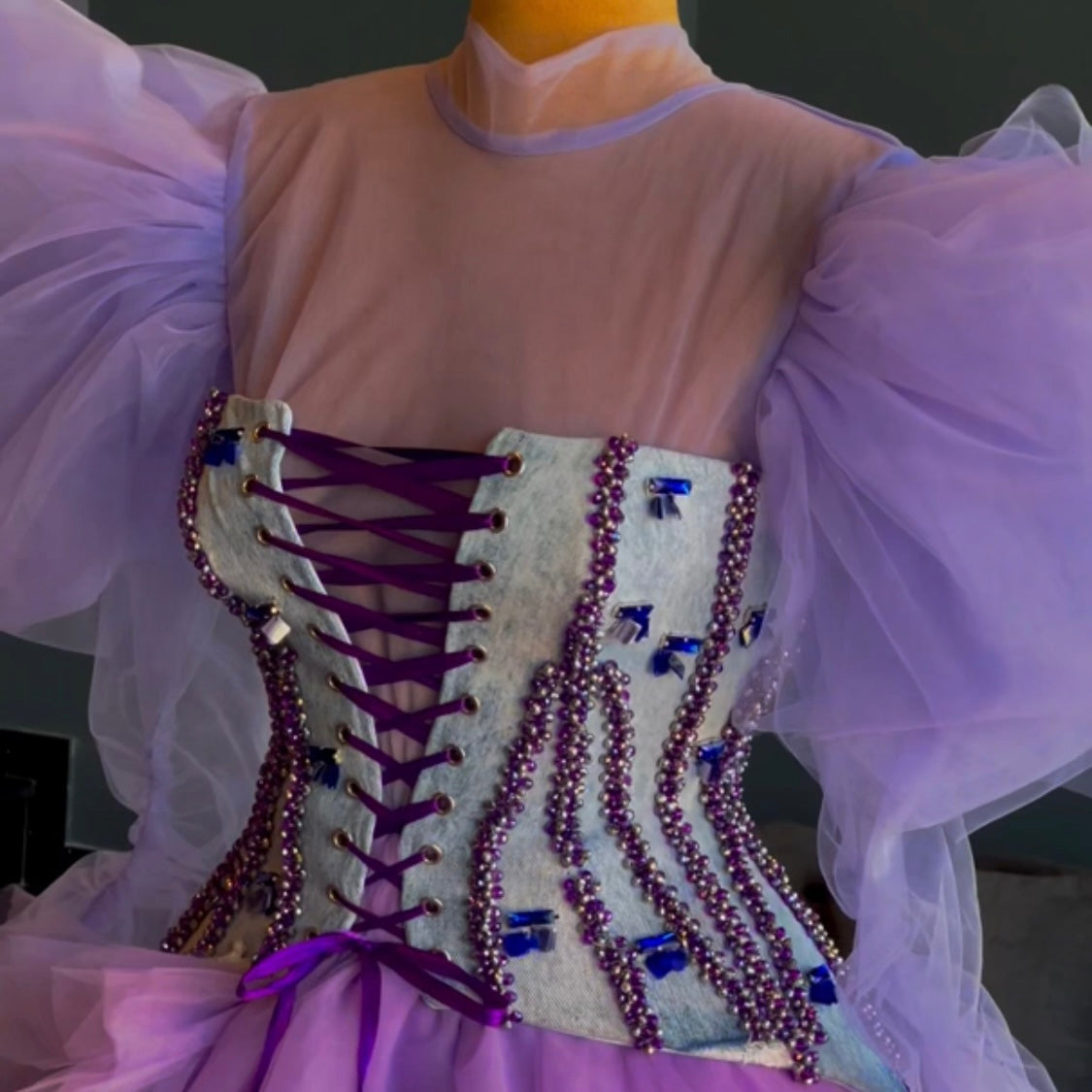 Denim Embellished Corset on Purple Tulle Gown