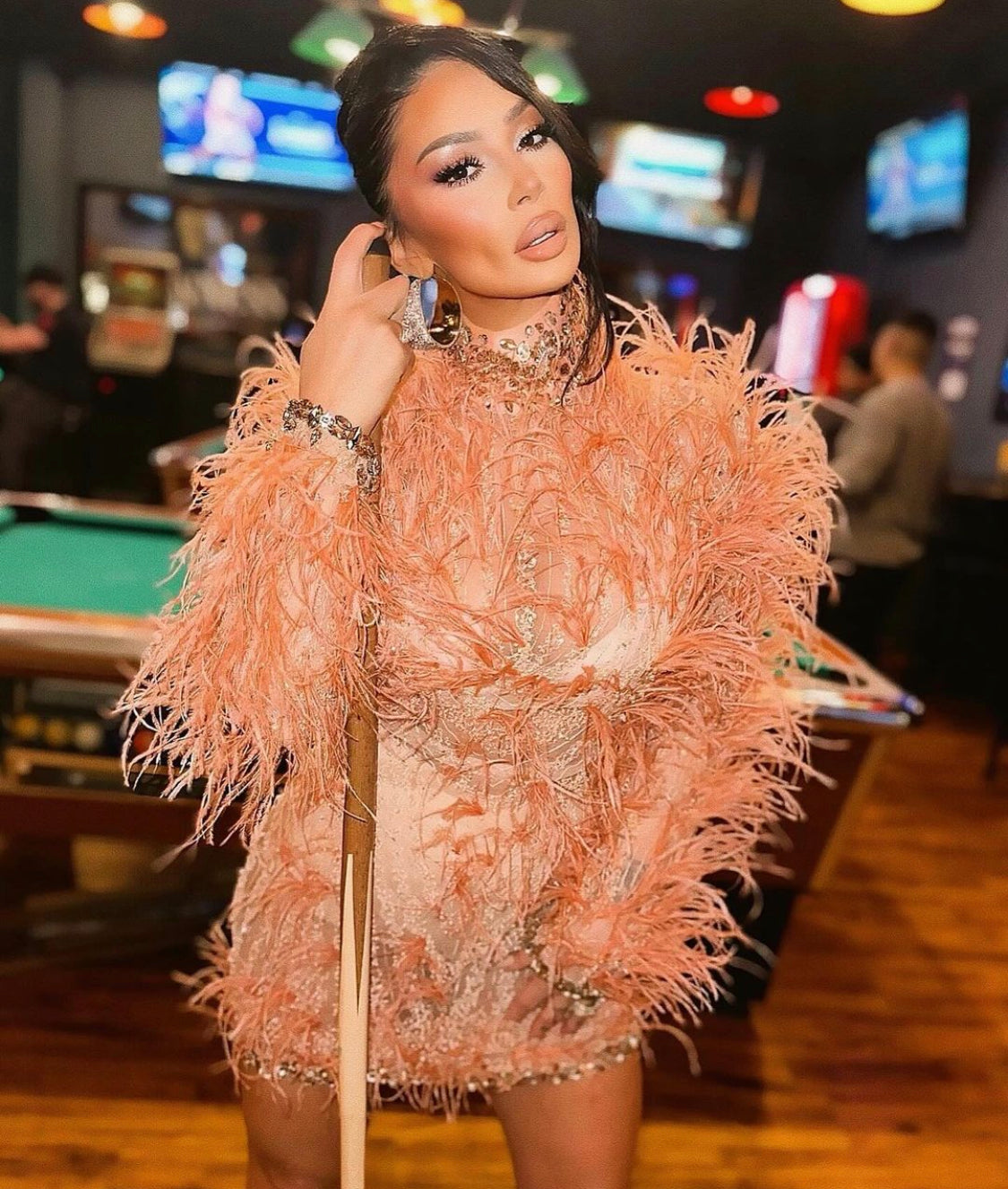 Peach Feathers Short Dress