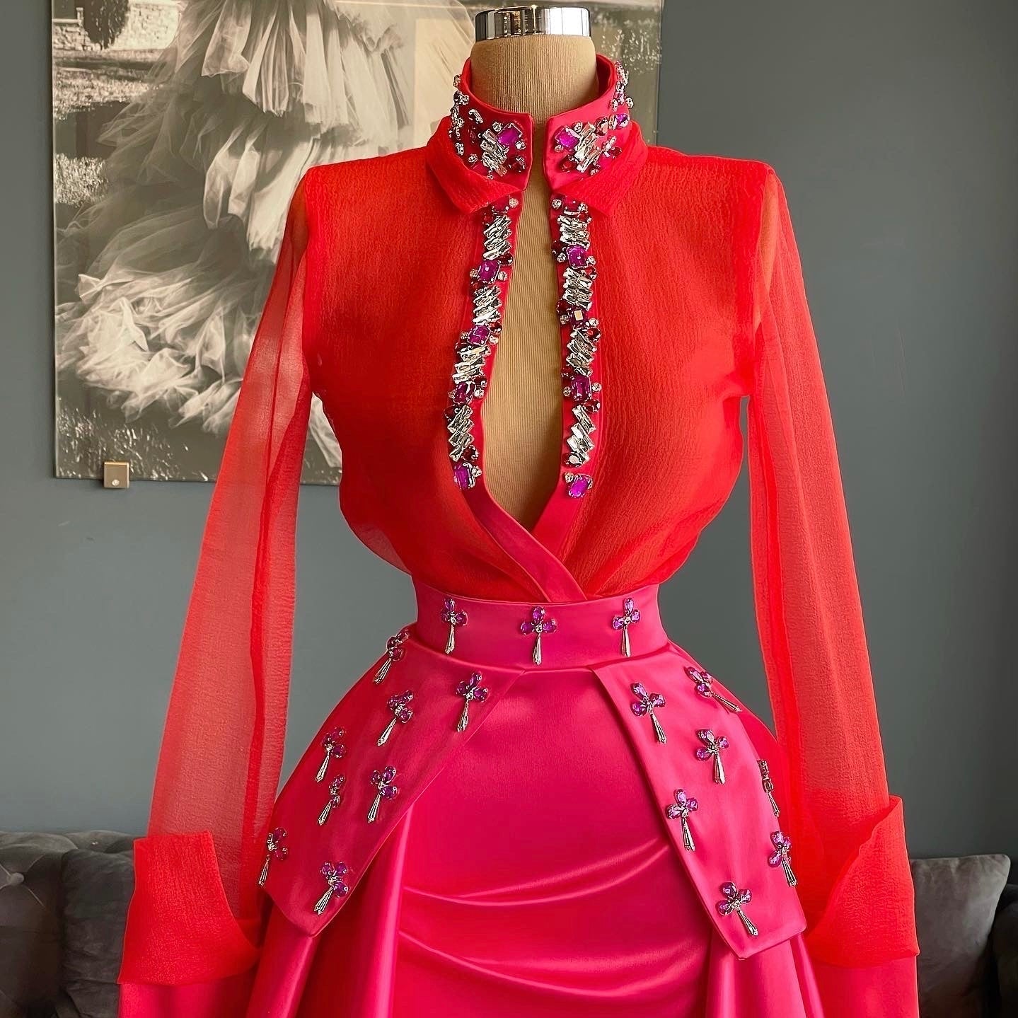 Organza Red Shirt & Pink Satin Gown Organza Red Shirt & Pink Satin Gown