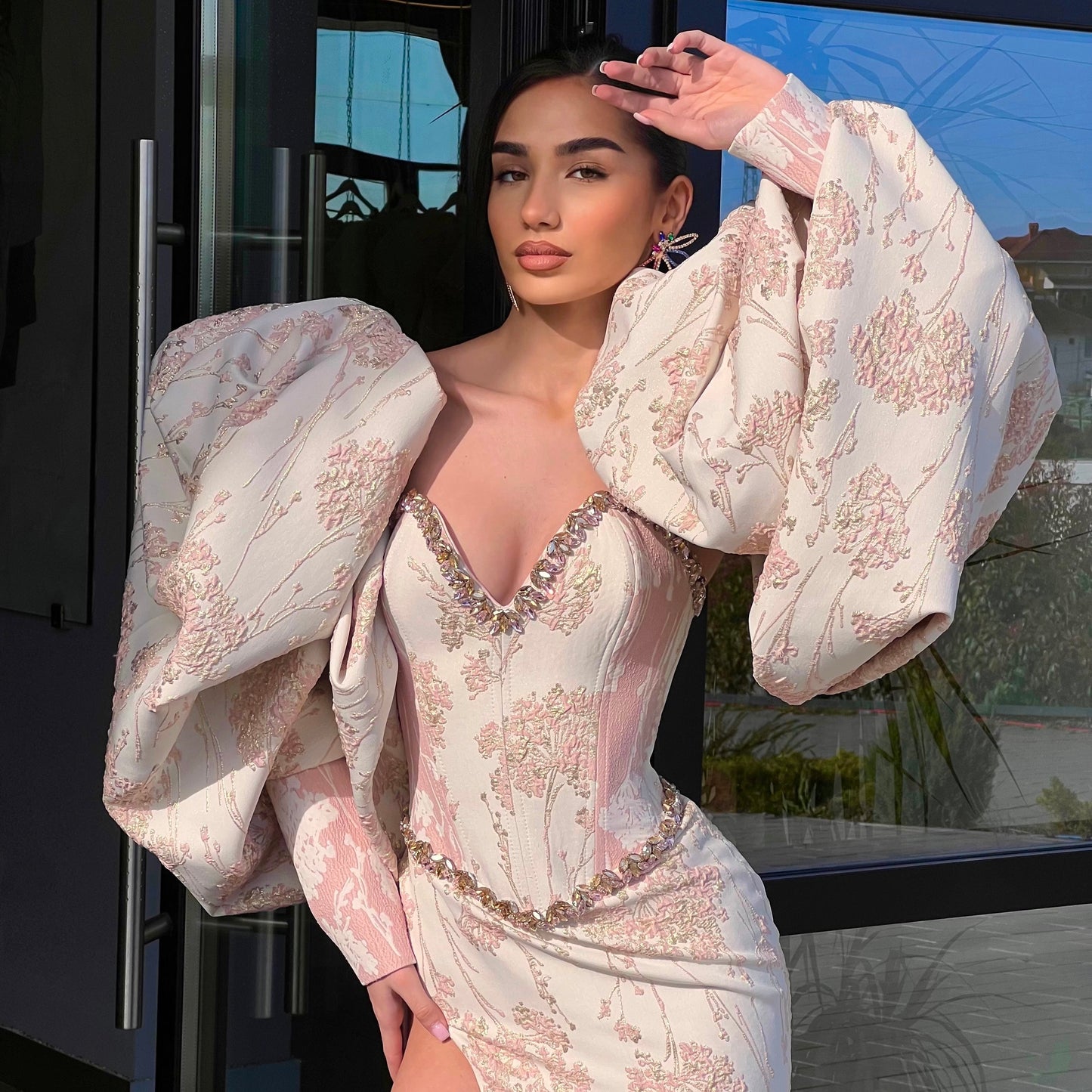 Floral Brocade Corset Dress Puffy Sleeve