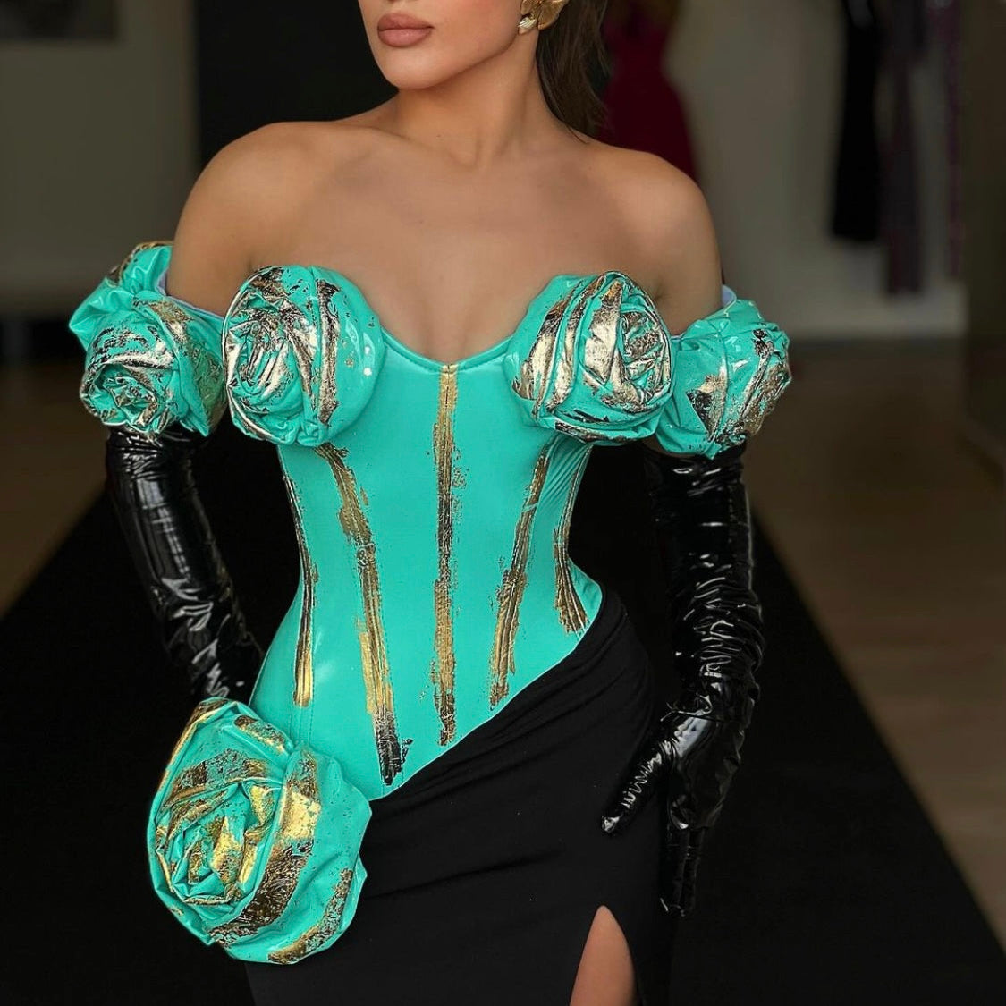 Turquoise & Gold Painted Corset Gown Dona Matoshi Turquoise & Gold Painted Corset Gown Dona Matoshi