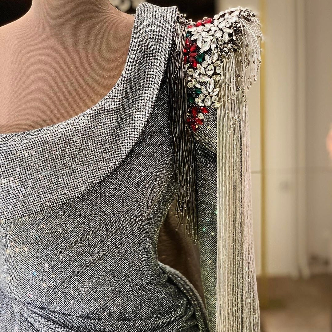 Beaded Sleeves Off Shoulder Sparkly Gown Dona Matoshi Beaded Sleeves Off Shoulder Sparkly Gown Dona Matoshi
