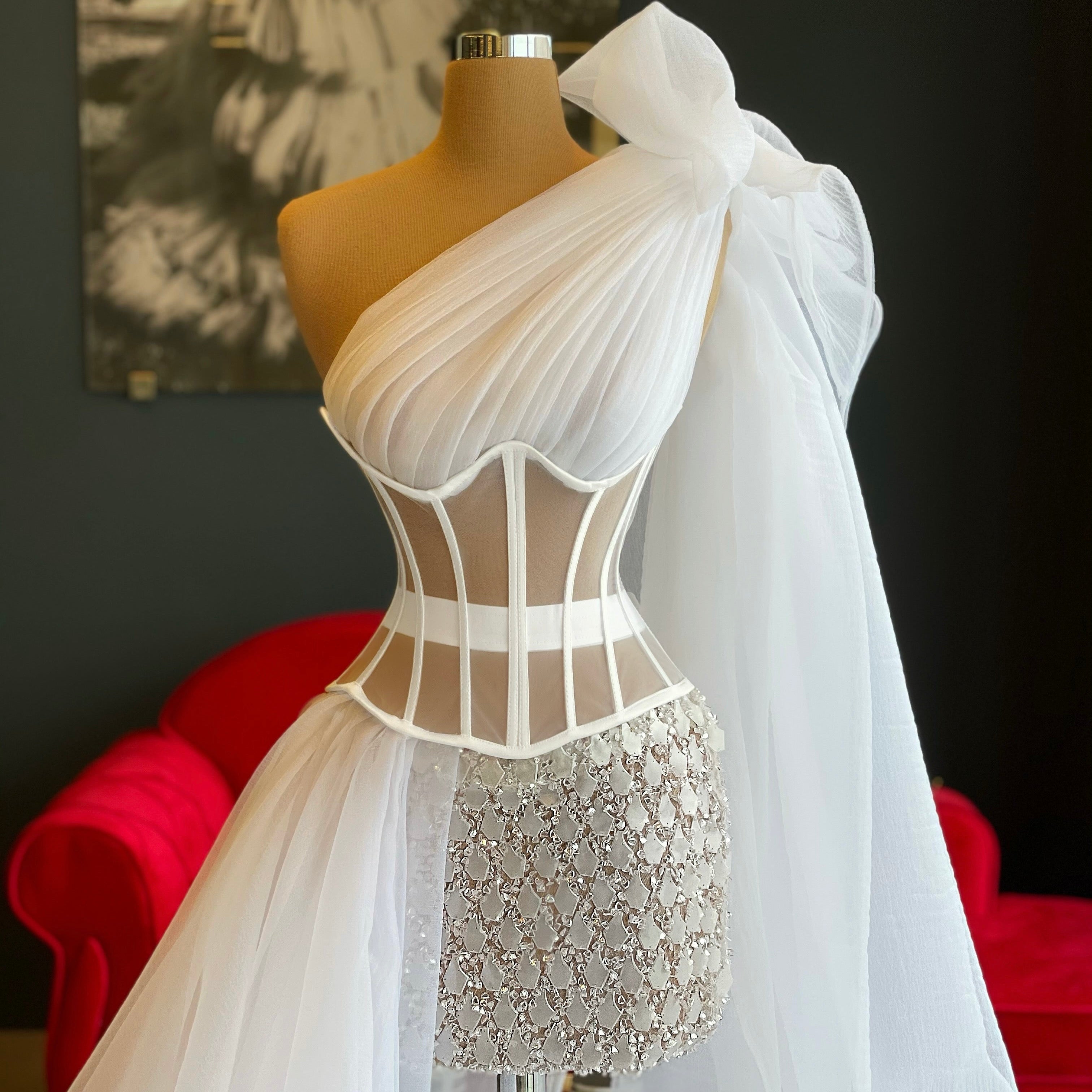 White Corset Dress Sequin Hand Made Dona Matoshi White Corset Dress Sequin Hand Made Dona Matoshi
