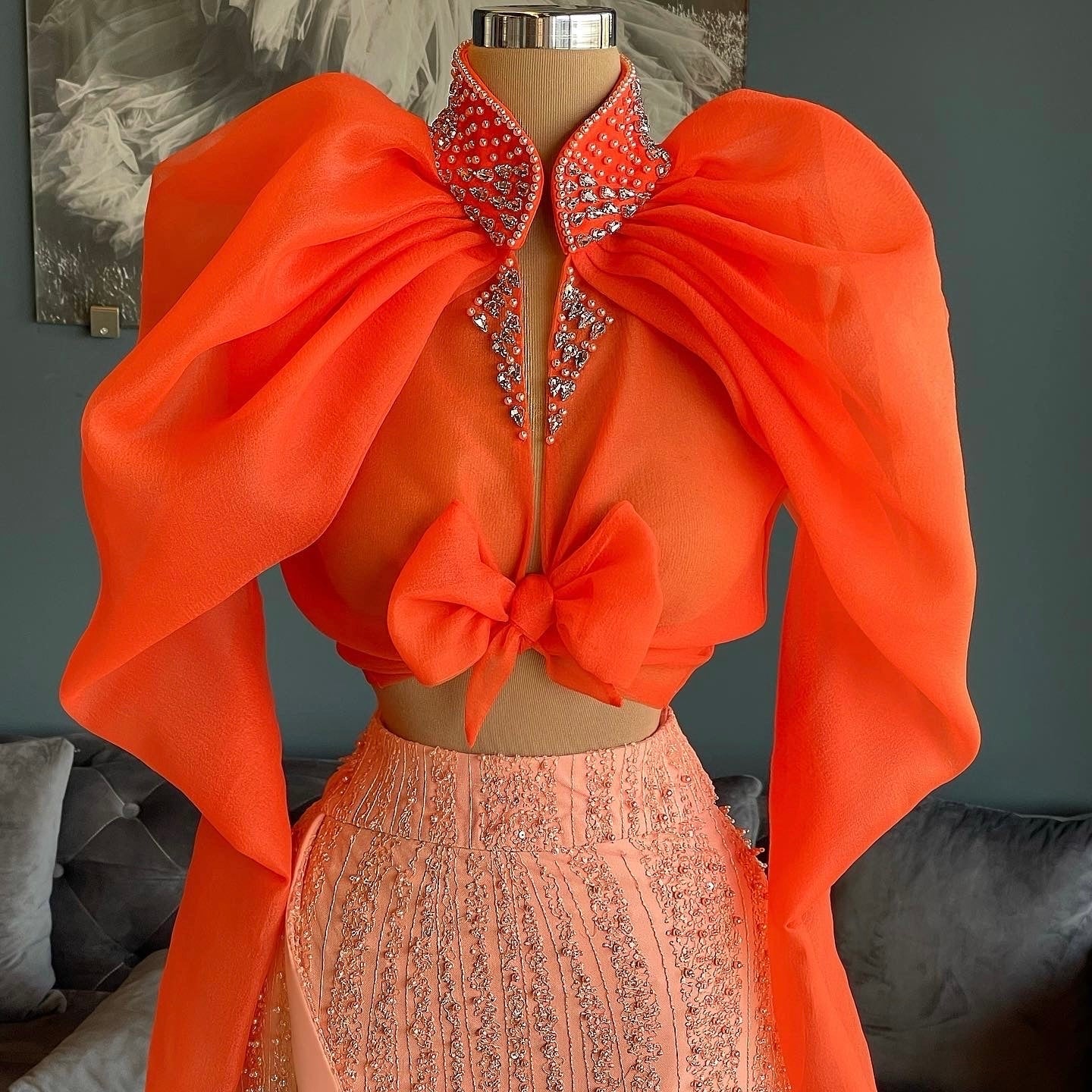 Orange Shirt & Peach Beaded Skirt