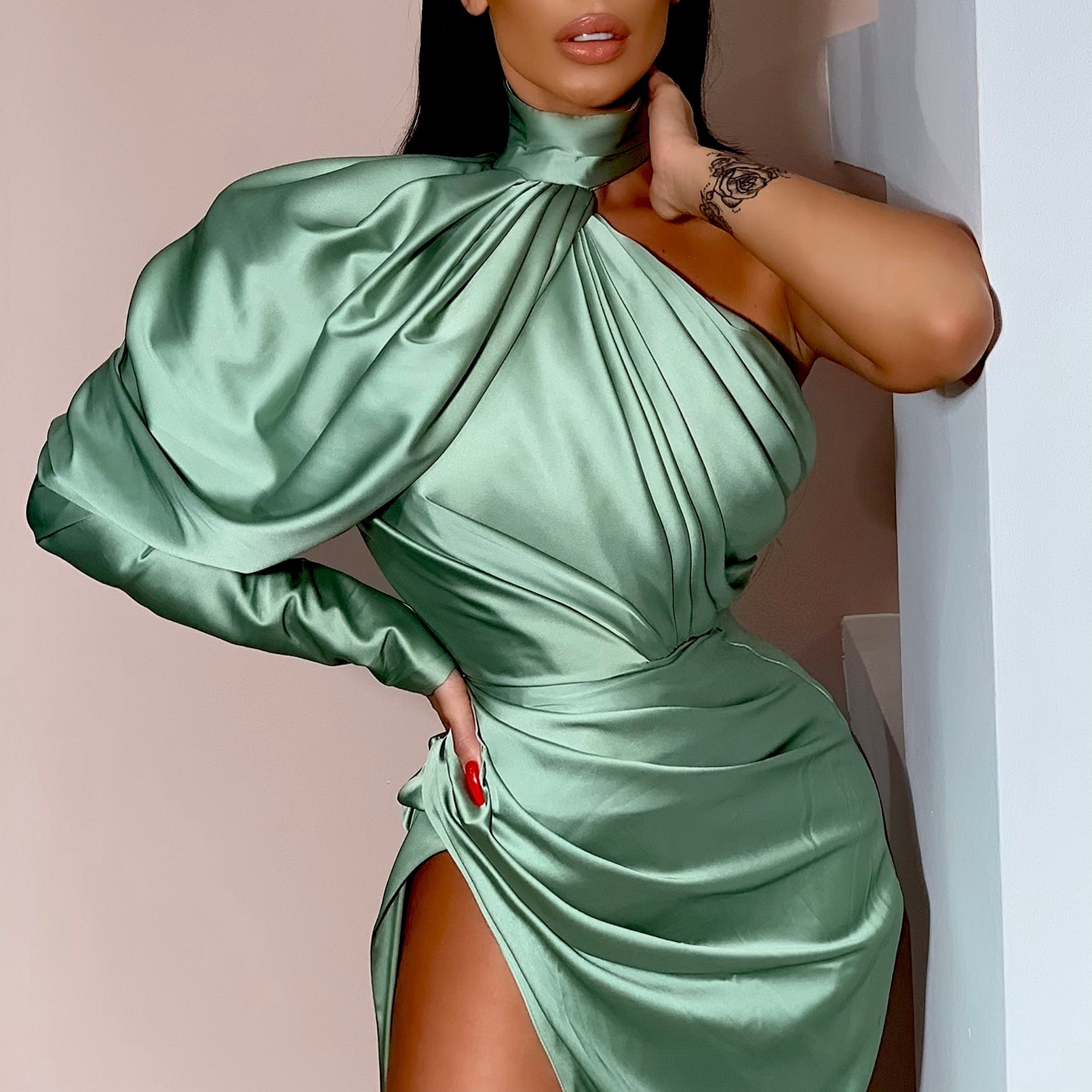 Shiny Olive Green Dress with Puffy Sleeve Dona Matoshi Shiny Olive Green Dress with Puffy Sleeve Dona Matoshi