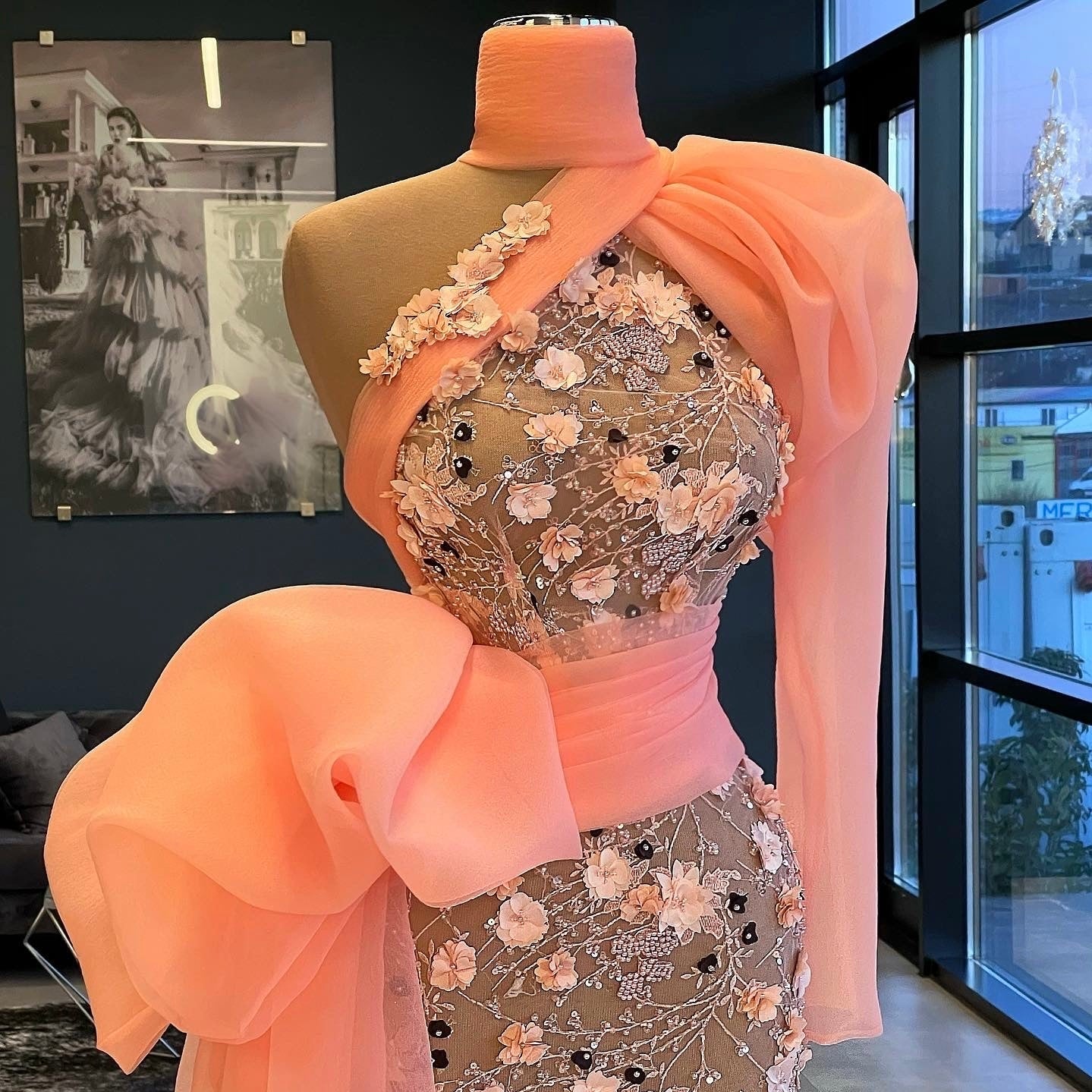 Peach Floral Beaded Short Dress Dona Matoshi Peach Floral Beaded Short Dress Dona Matoshi