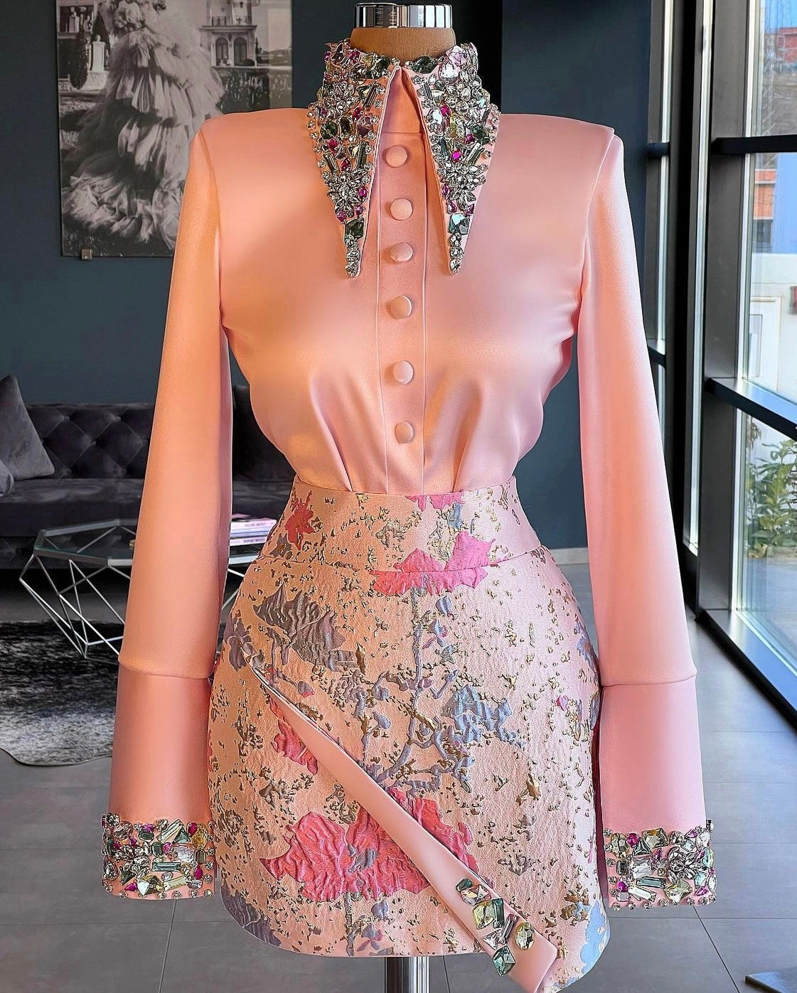 Blush Pink Satin Shirt & Brocade Skirt