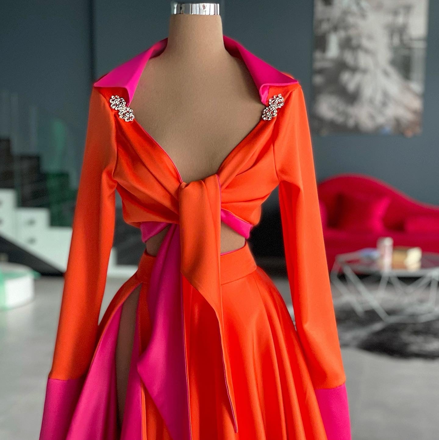 open lace back dress Orange & Pink Gown Dona Matoshi open lace back dress Orange & Pink Gown Dona Matoshi