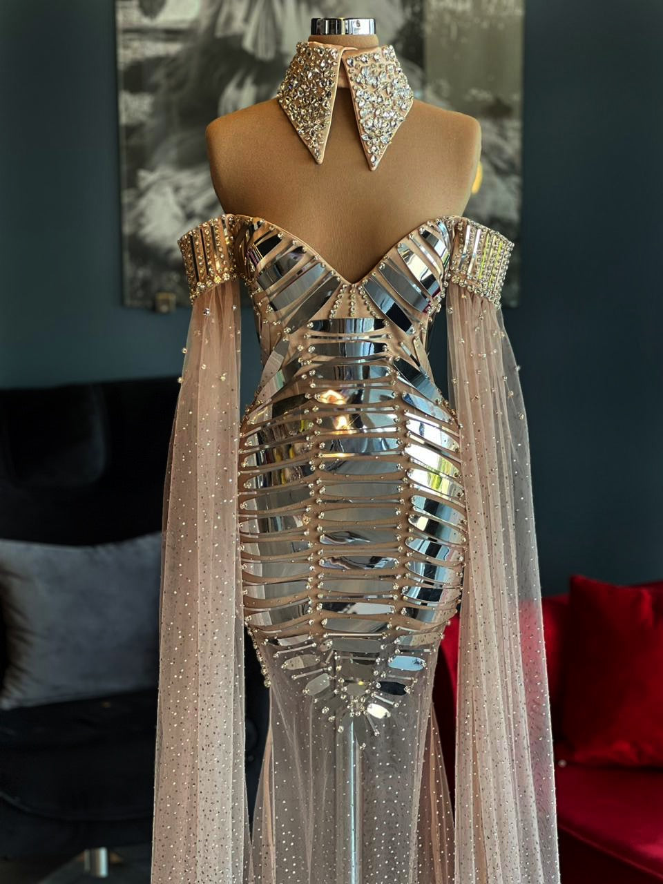 Nude & Sliver Crystals Gown