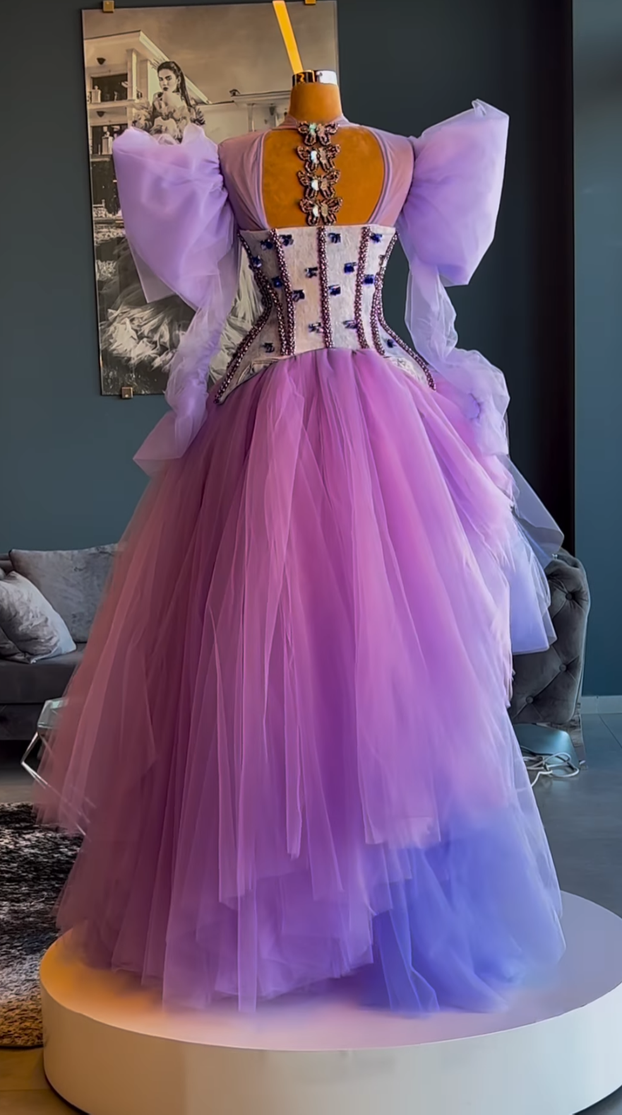 Denim Embellished Corset on Purple Tulle Gown