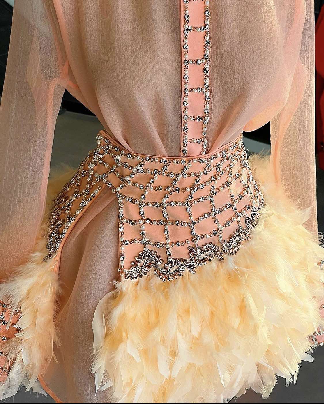 Crystals Embroidered Peach Set