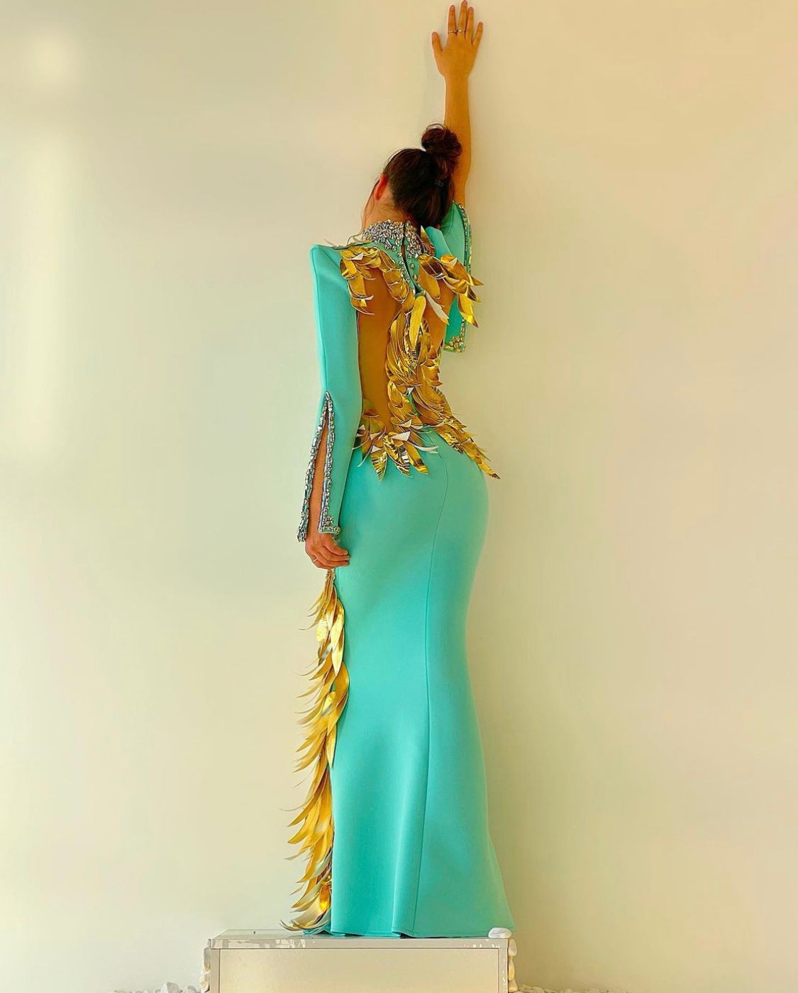 Turquoise Embroidered Feathers Gown – Dona Matoshi