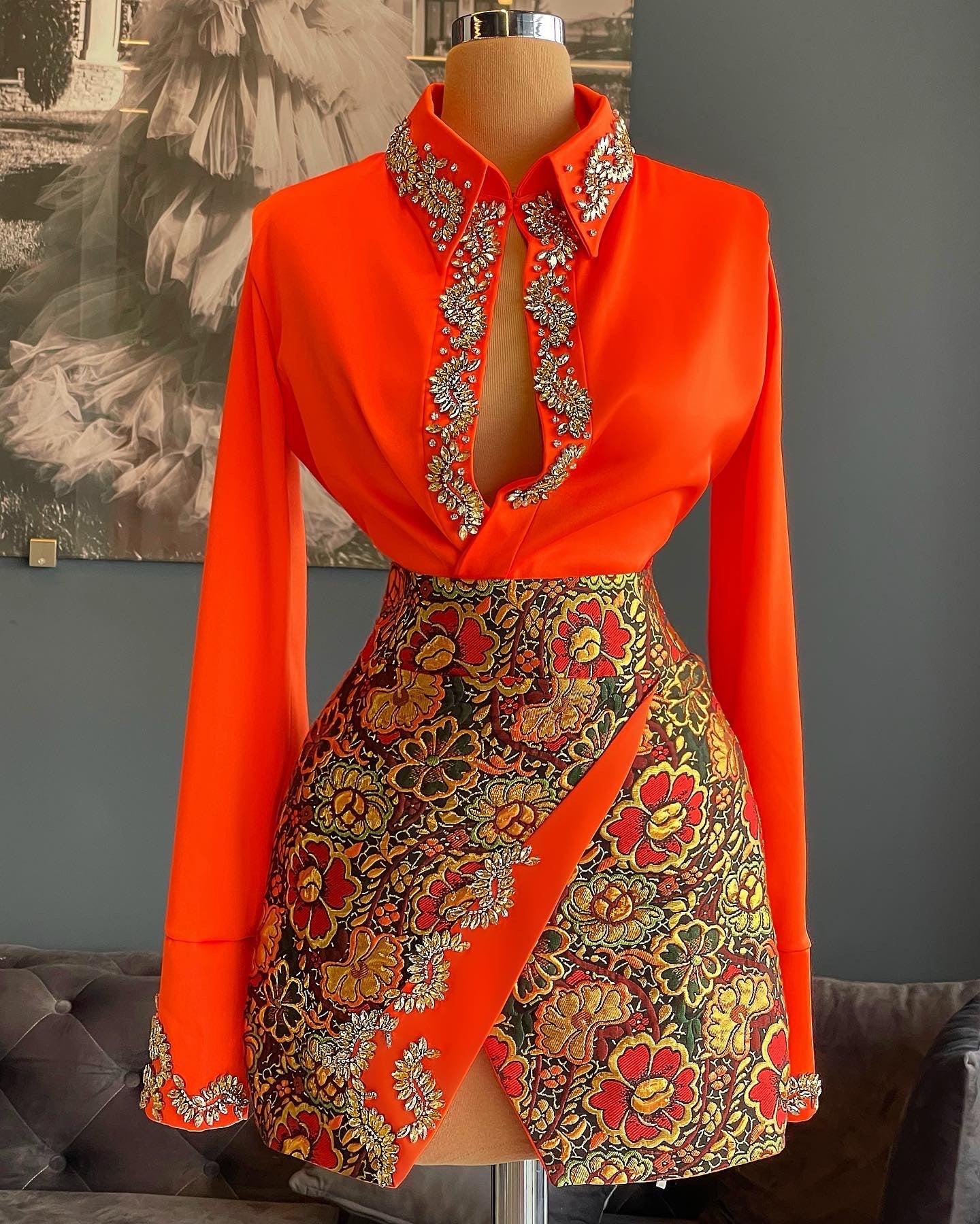 Orange Satin Shirt & Brocade Floral Skirt Short Set