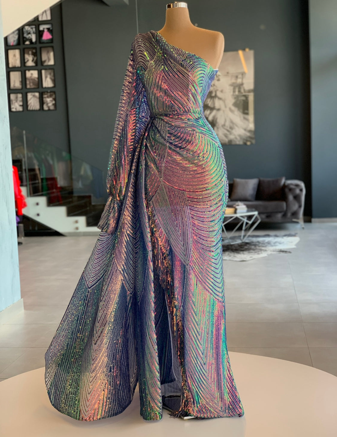 One Shoulder Holographic Gown