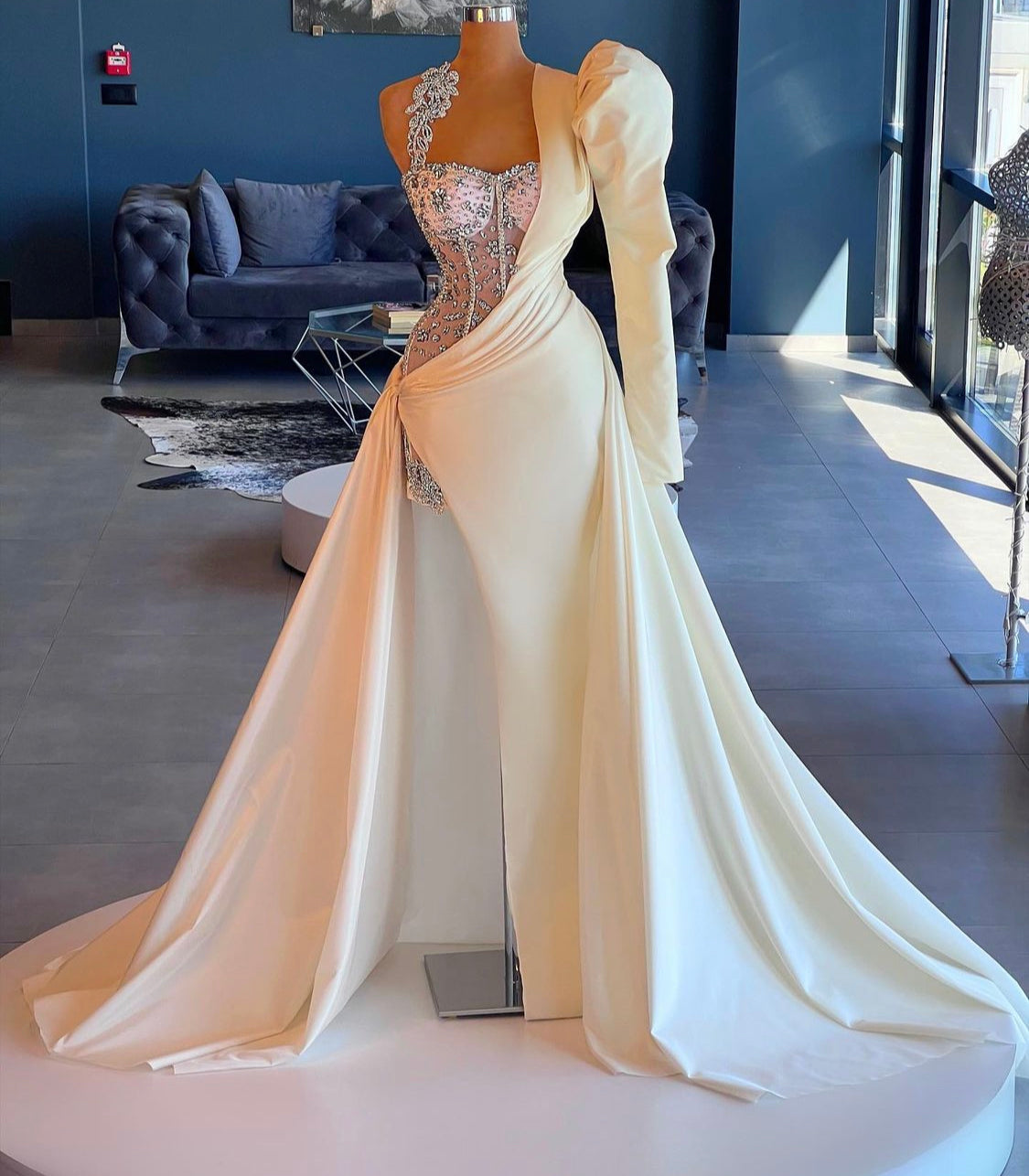 Embellished Bodice Drape Gown with Single Puffed Sleeve