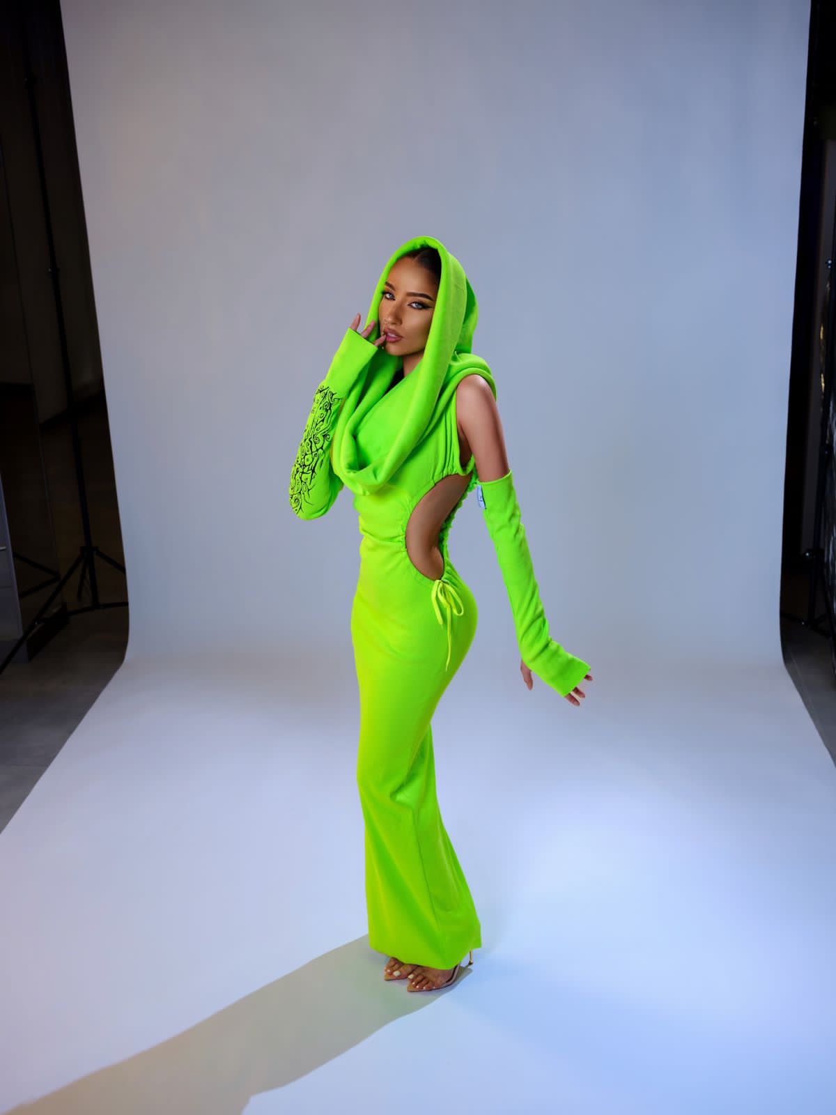 Green Neon Stretched Dress & Gloves