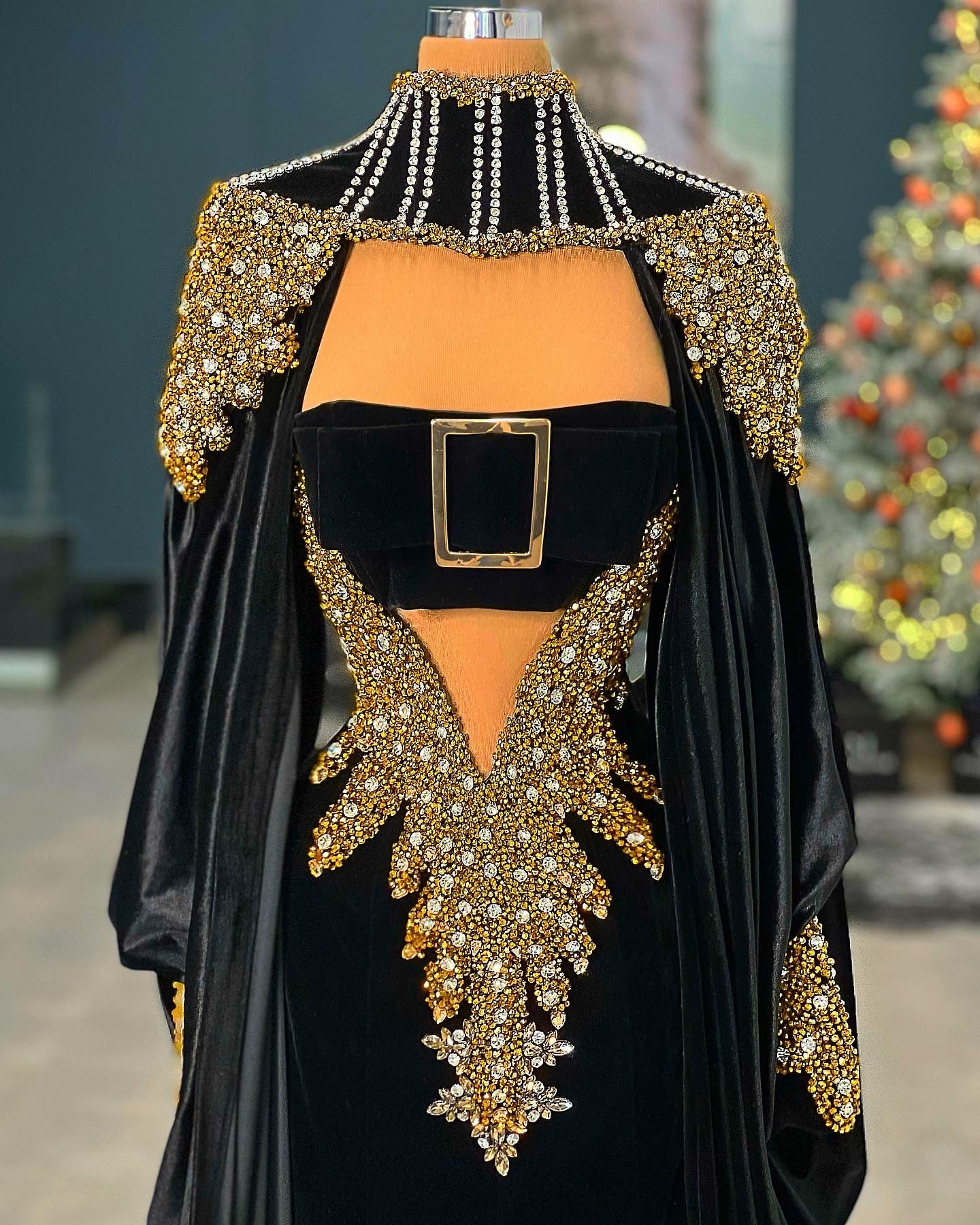 Black Velvet Gown Gold & Silver Details