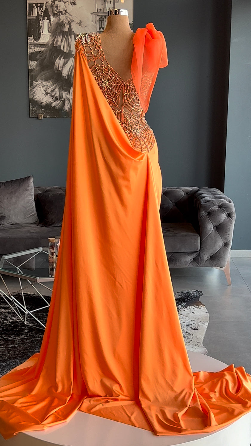 Spider Web Embellished Orange Gown