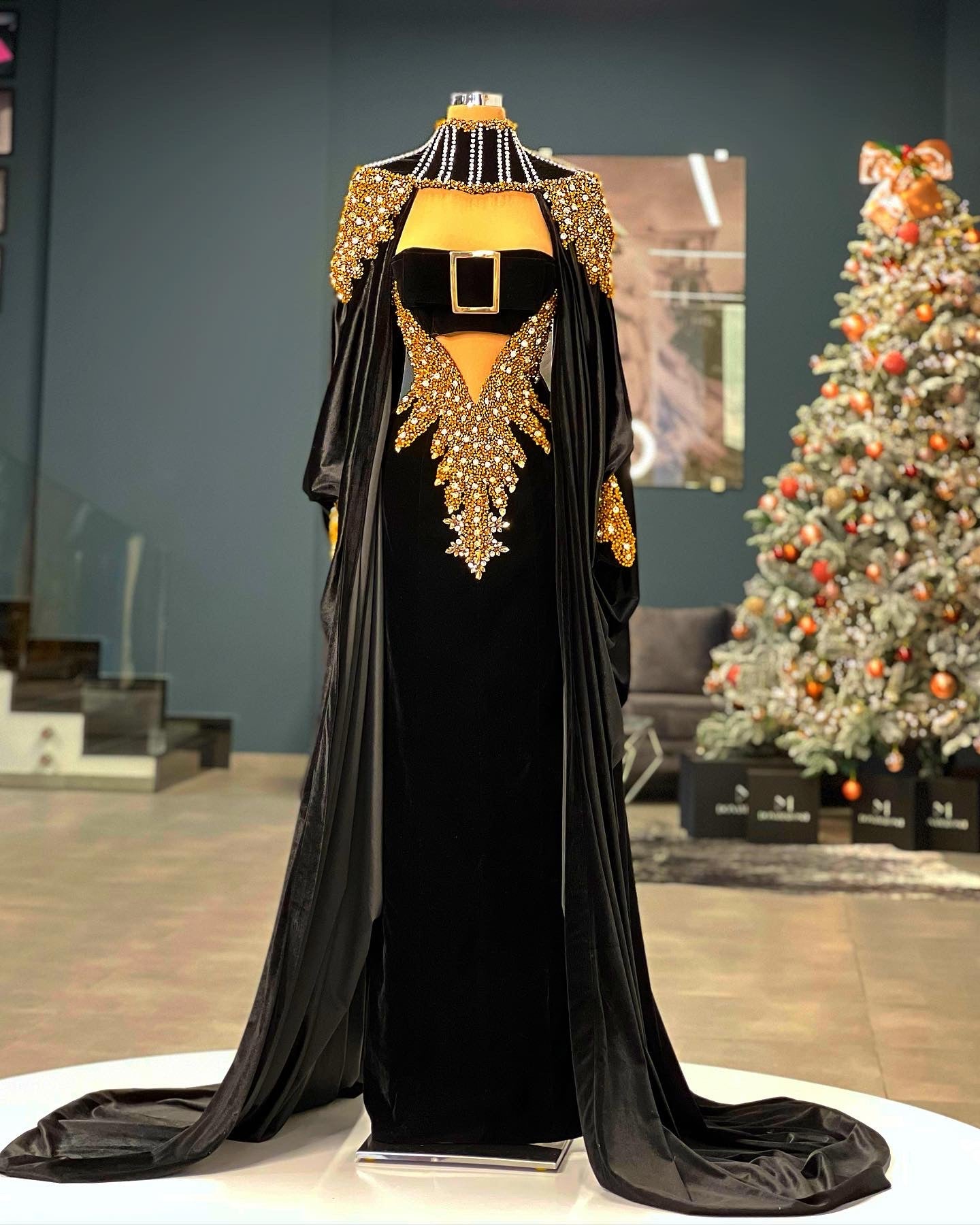 Black Velvet Gown Gold & Silver Details