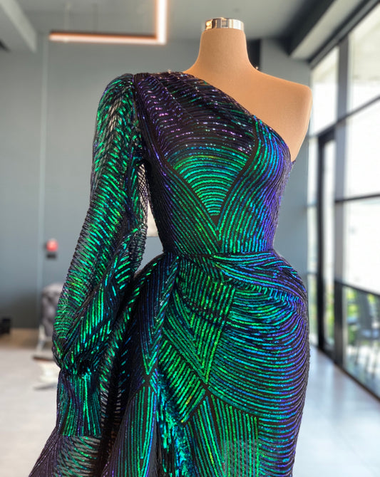 Holographic One Shoulder Gown