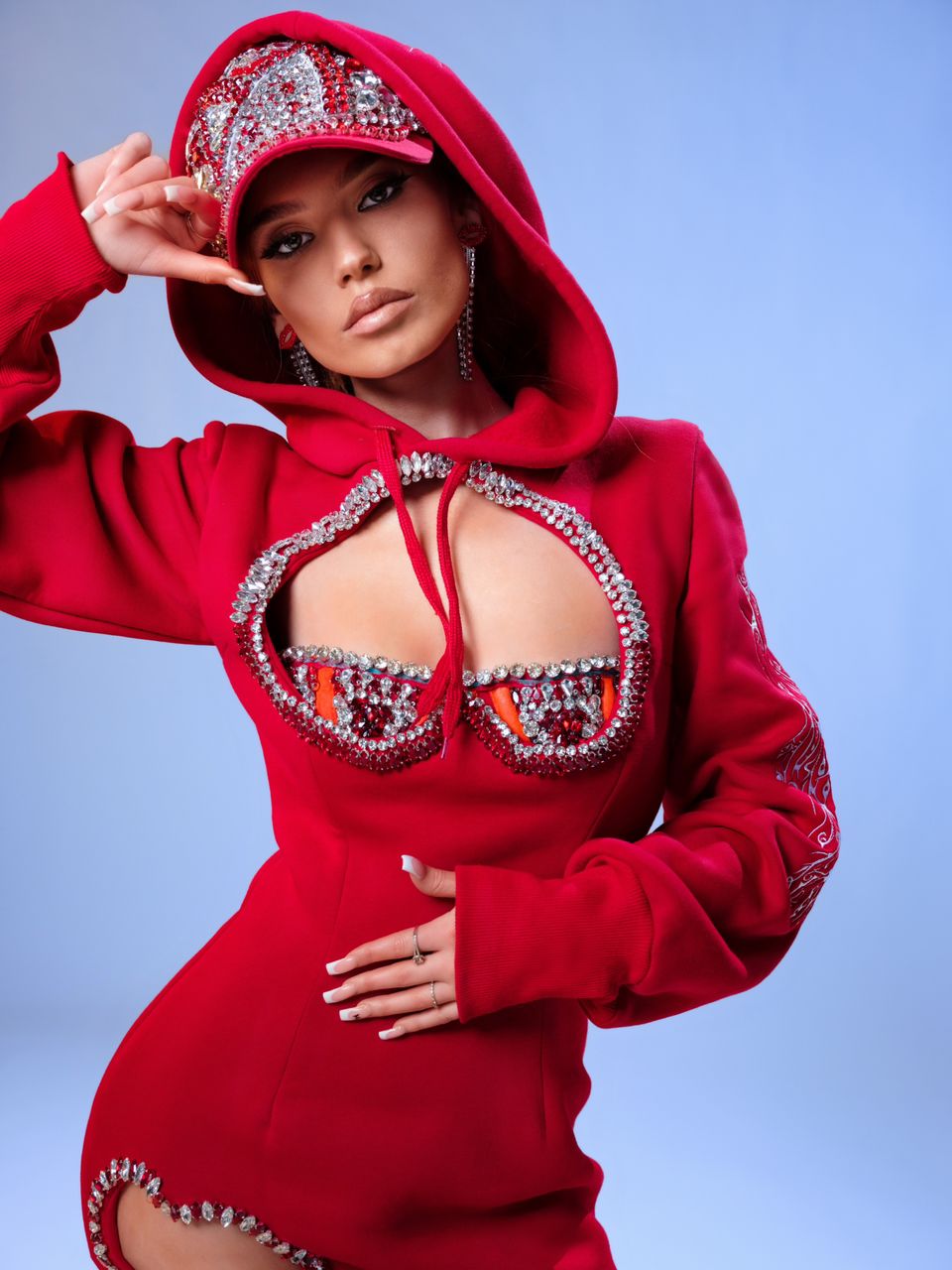 Red Embellished Hoodie Dress