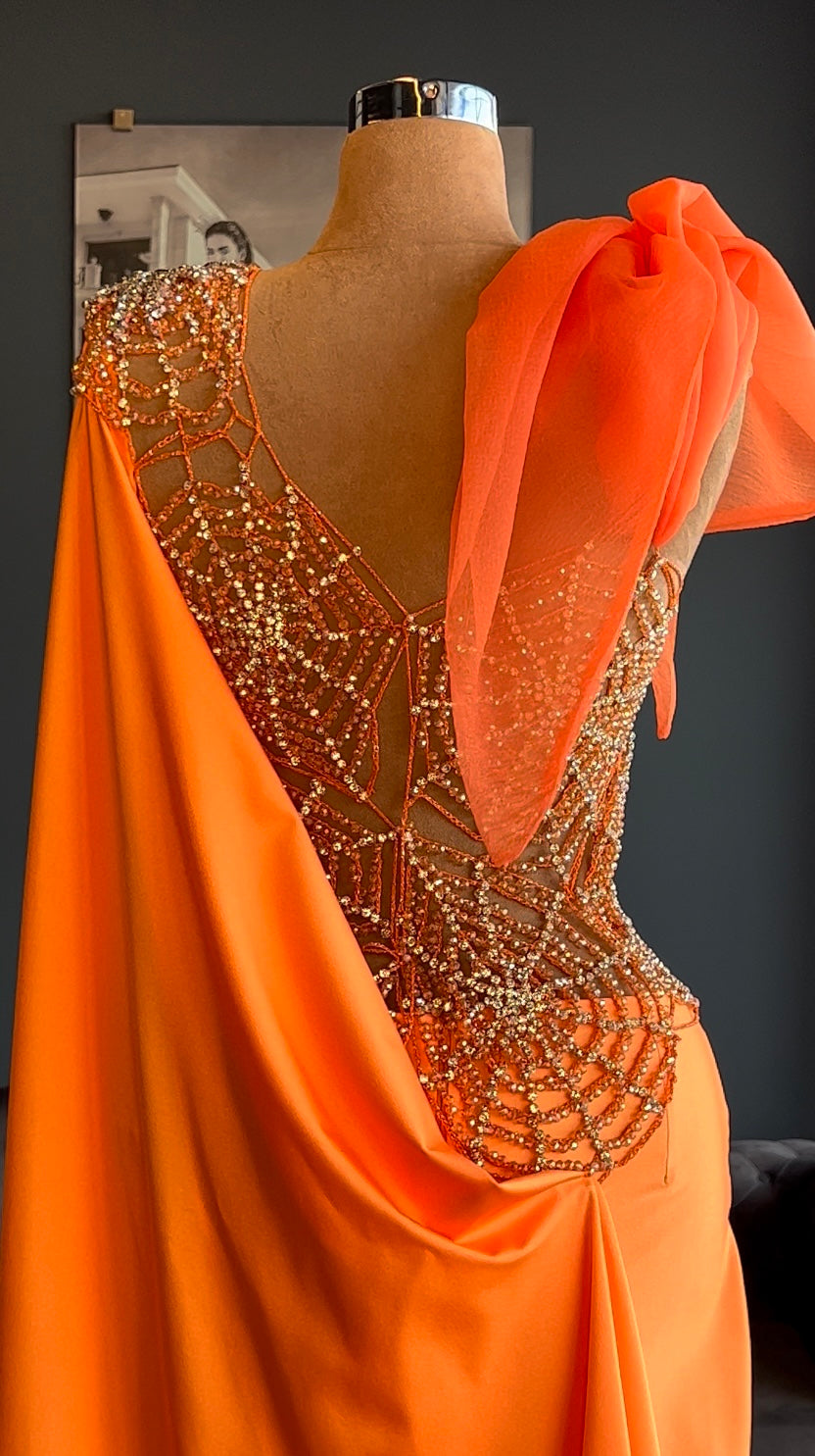 Spider Web Embellished Orange Gown