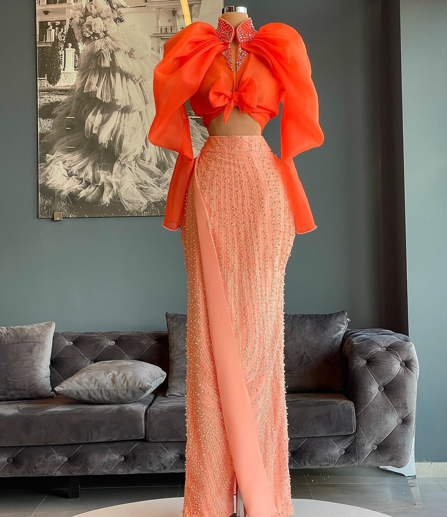 Orange Shirt & Peach Beaded Skirt