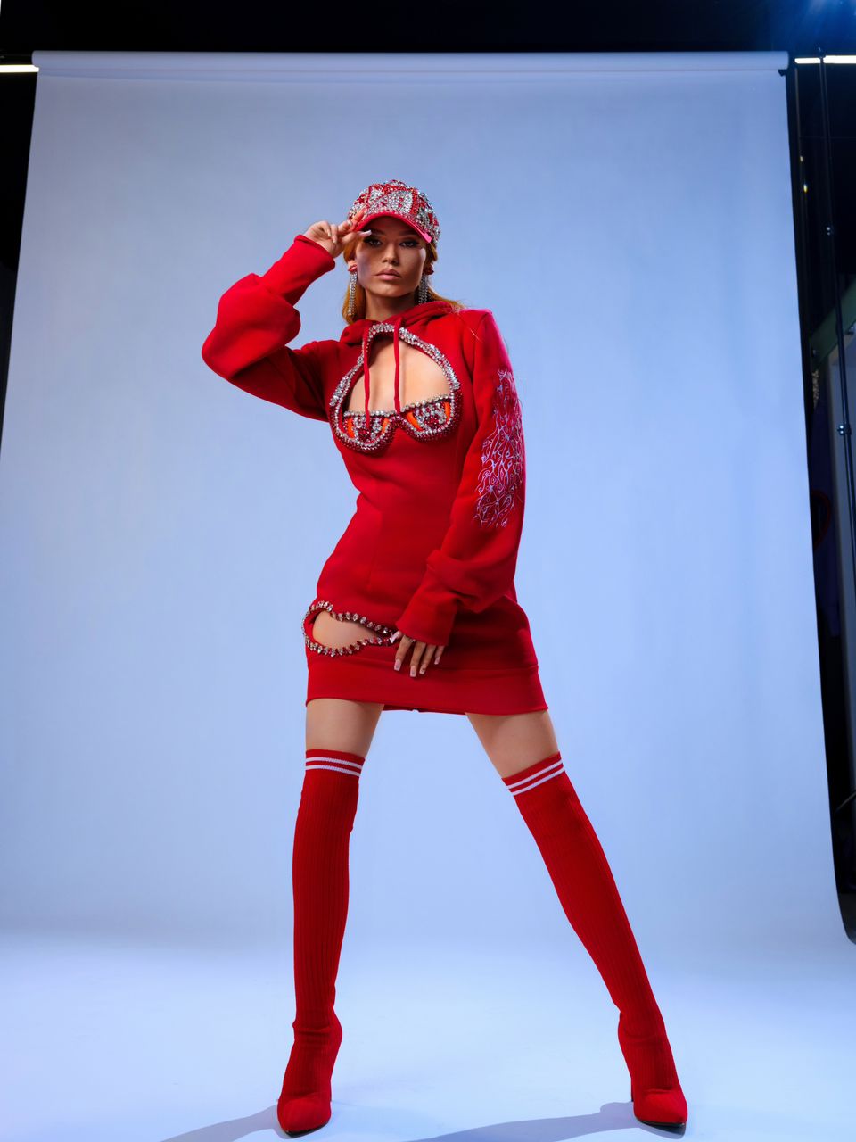 Red Embellished Hoodie Dress