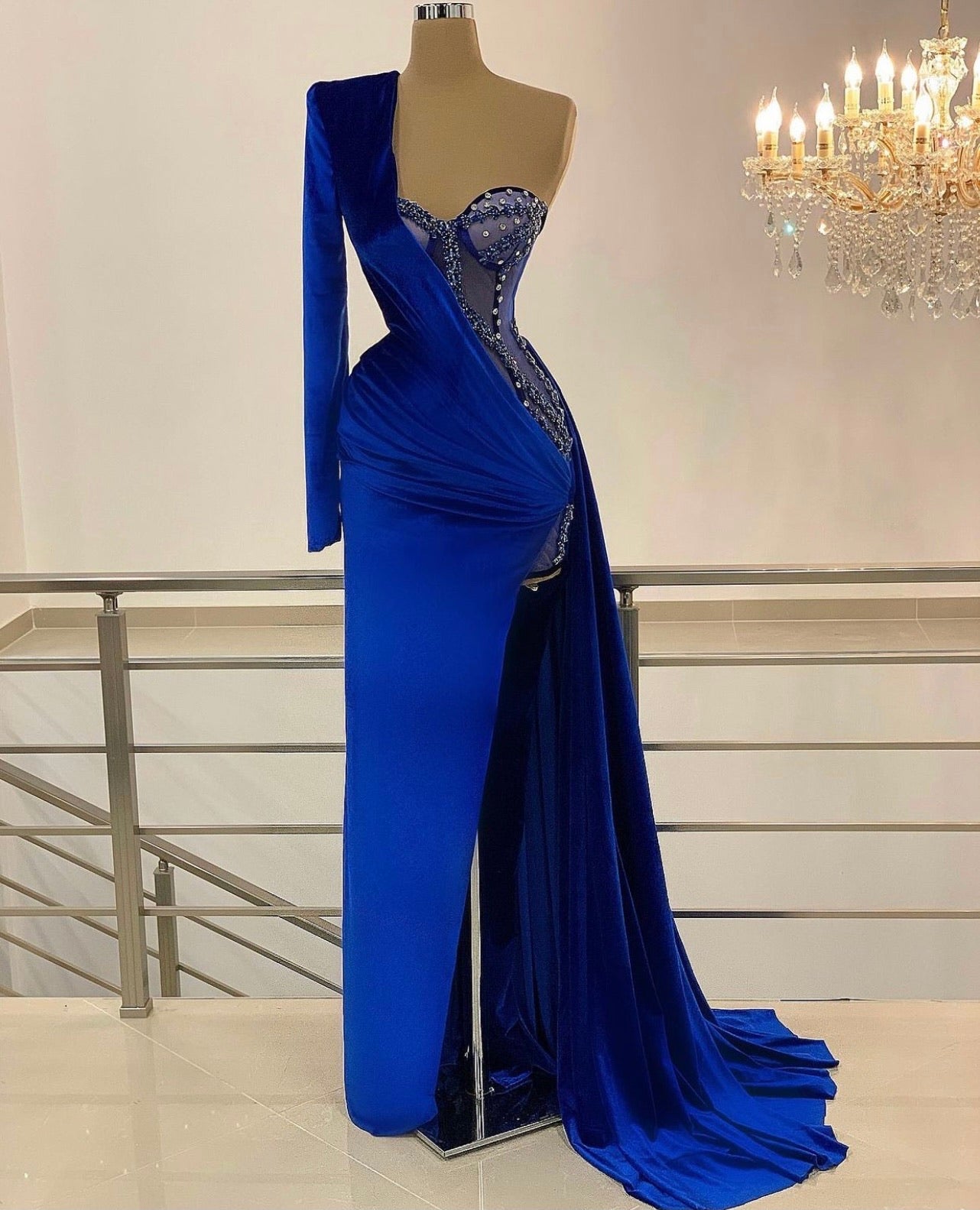 Black Velvet & Royal Blue Details Gown – Dona Matoshi