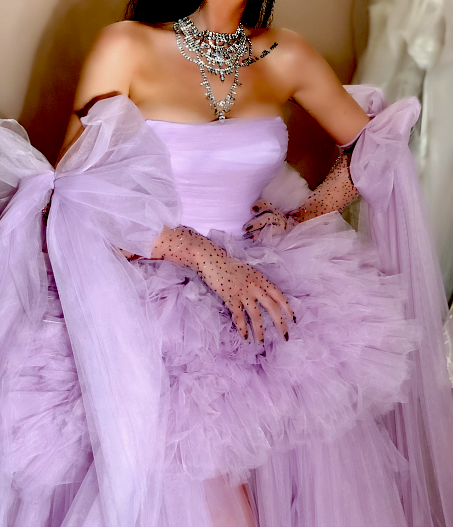 Light Purple Tulle Gown with Crystal Gloves