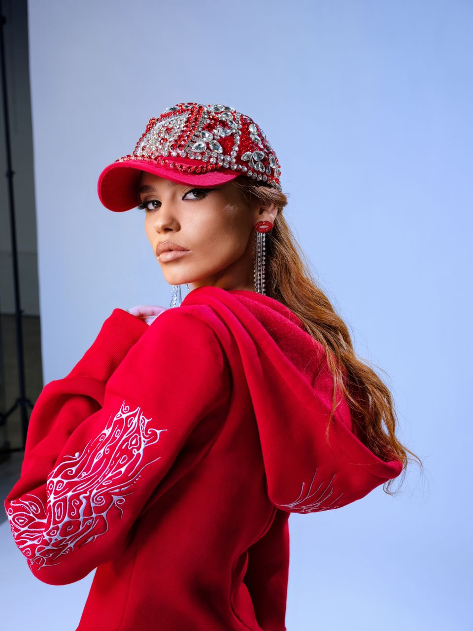 Red Embellished Hoodie Dress