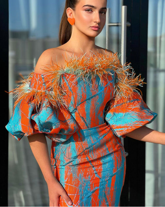 Colorful Midi Dress with Feathers