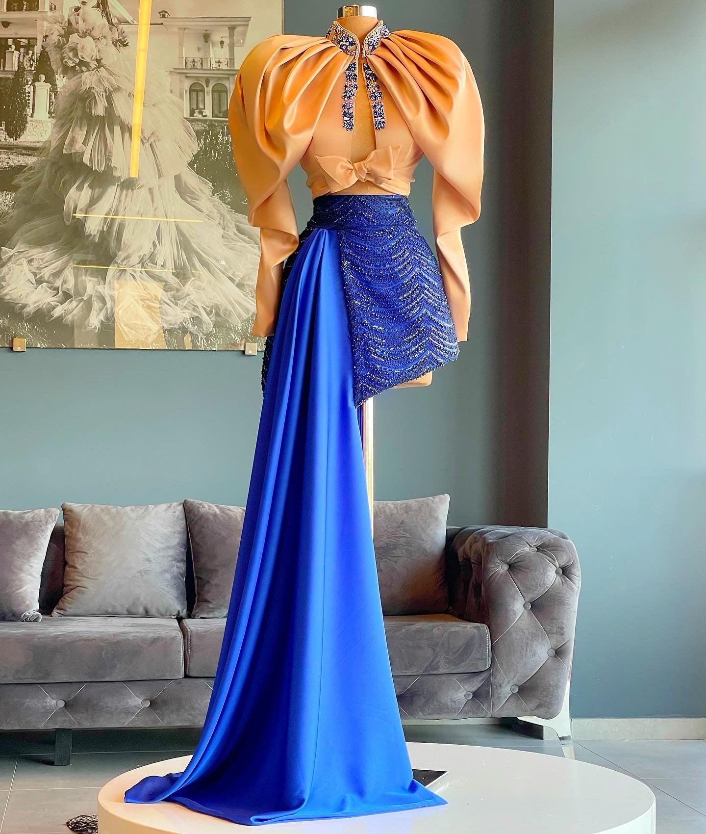 Nude Shirt & Royal Blue Lace Skirt