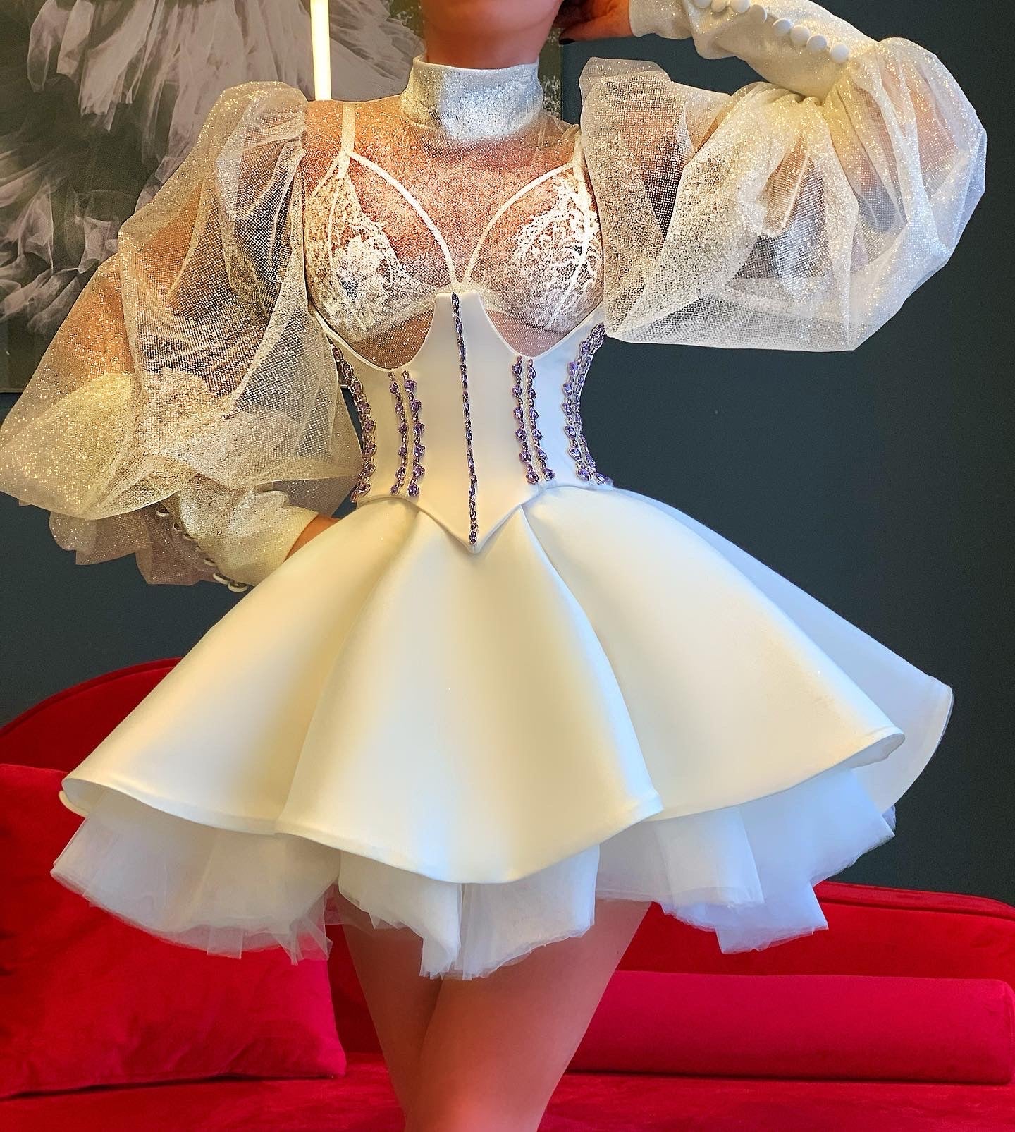 White Short Dress Corset Crystals
