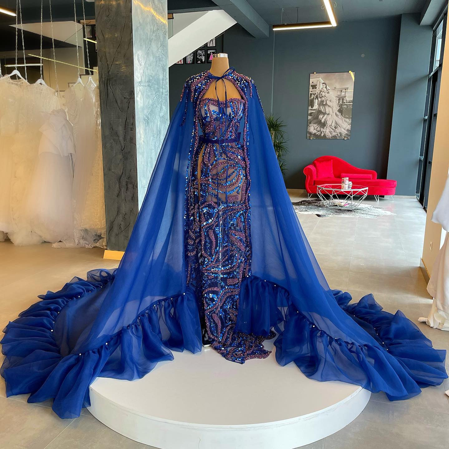 Blue & Purple Beaded Cape Gown