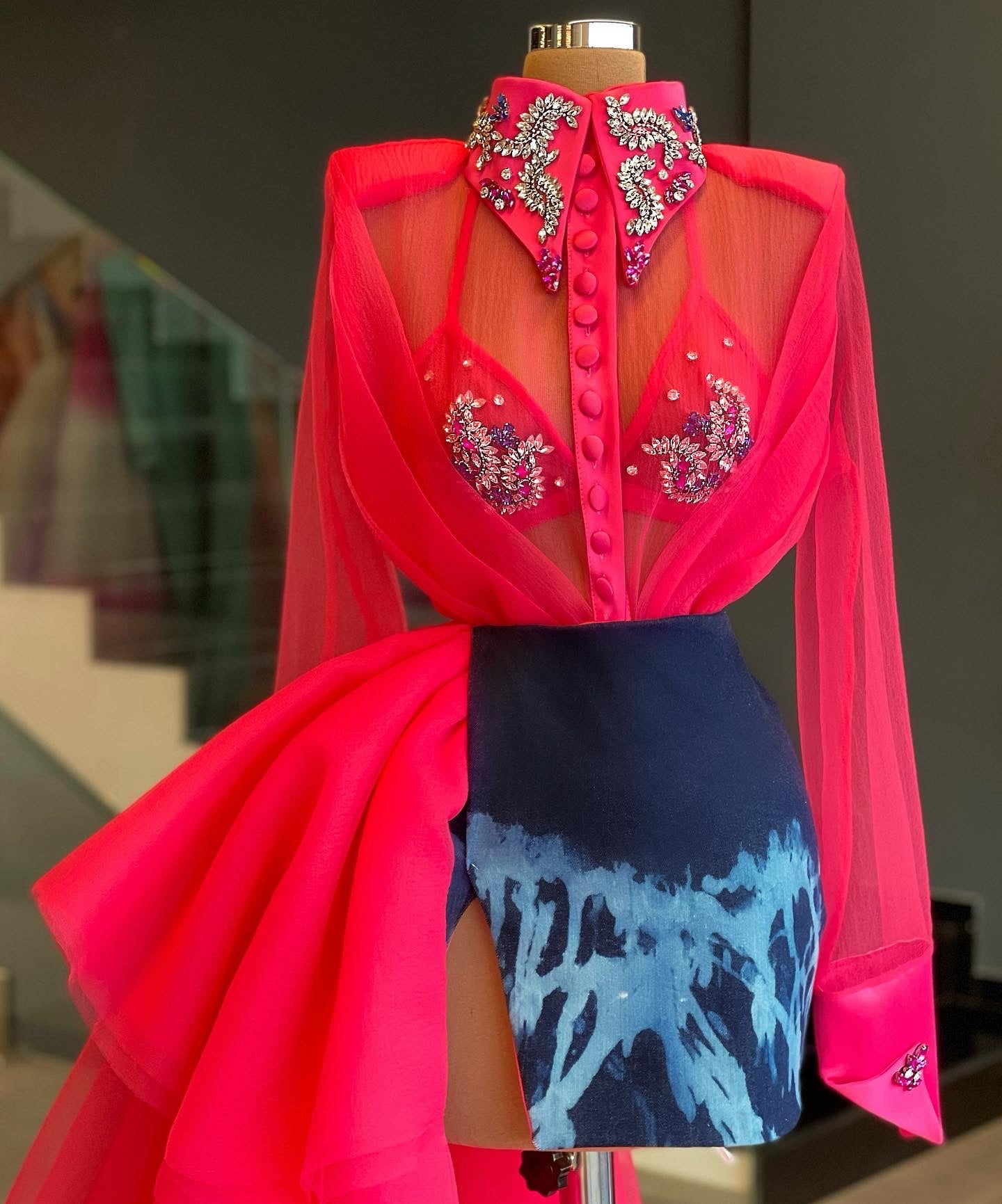 Pink Embroidered Shirt & Denim Skirt