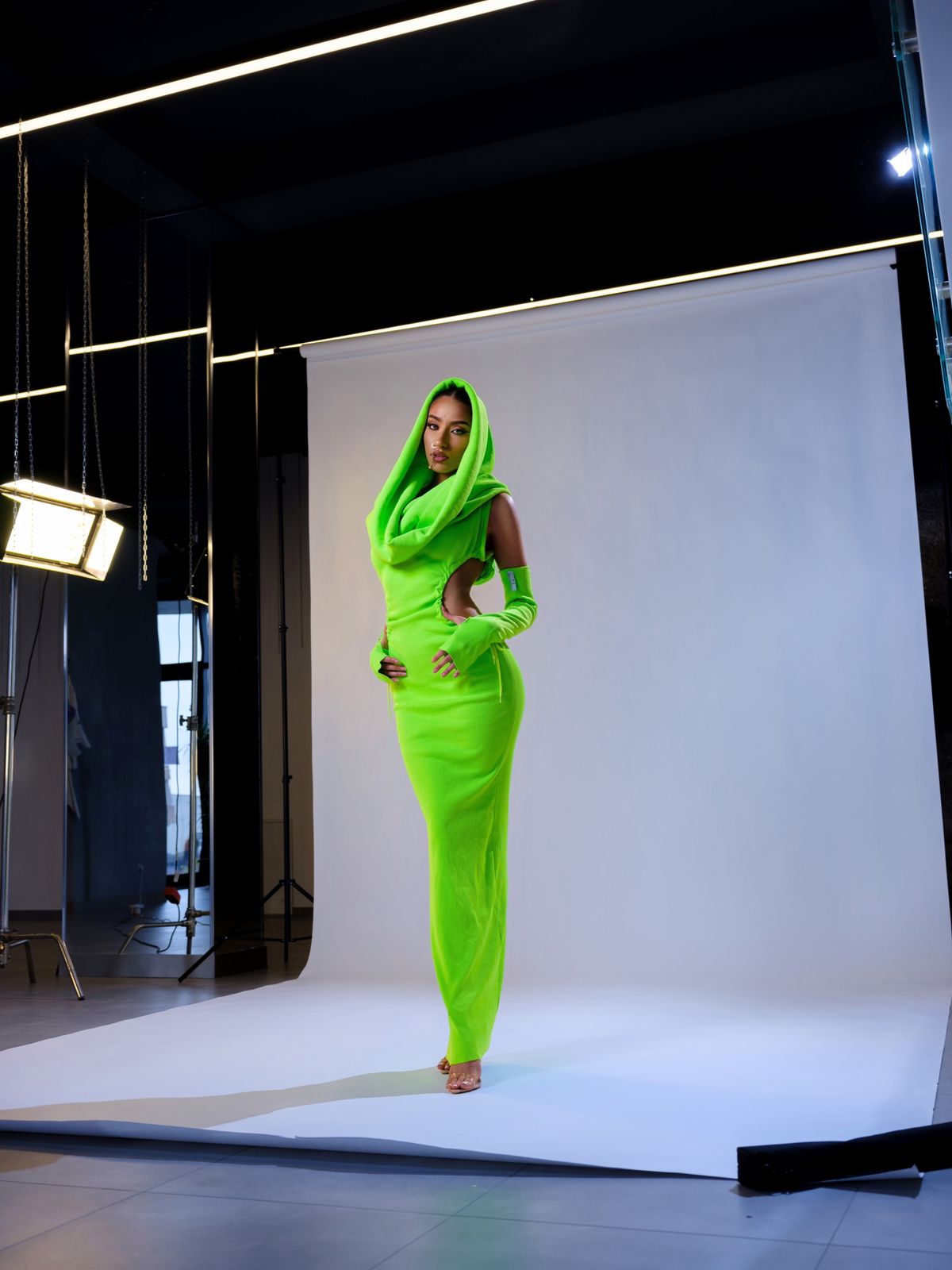 Green Neon Stretched Dress & Gloves