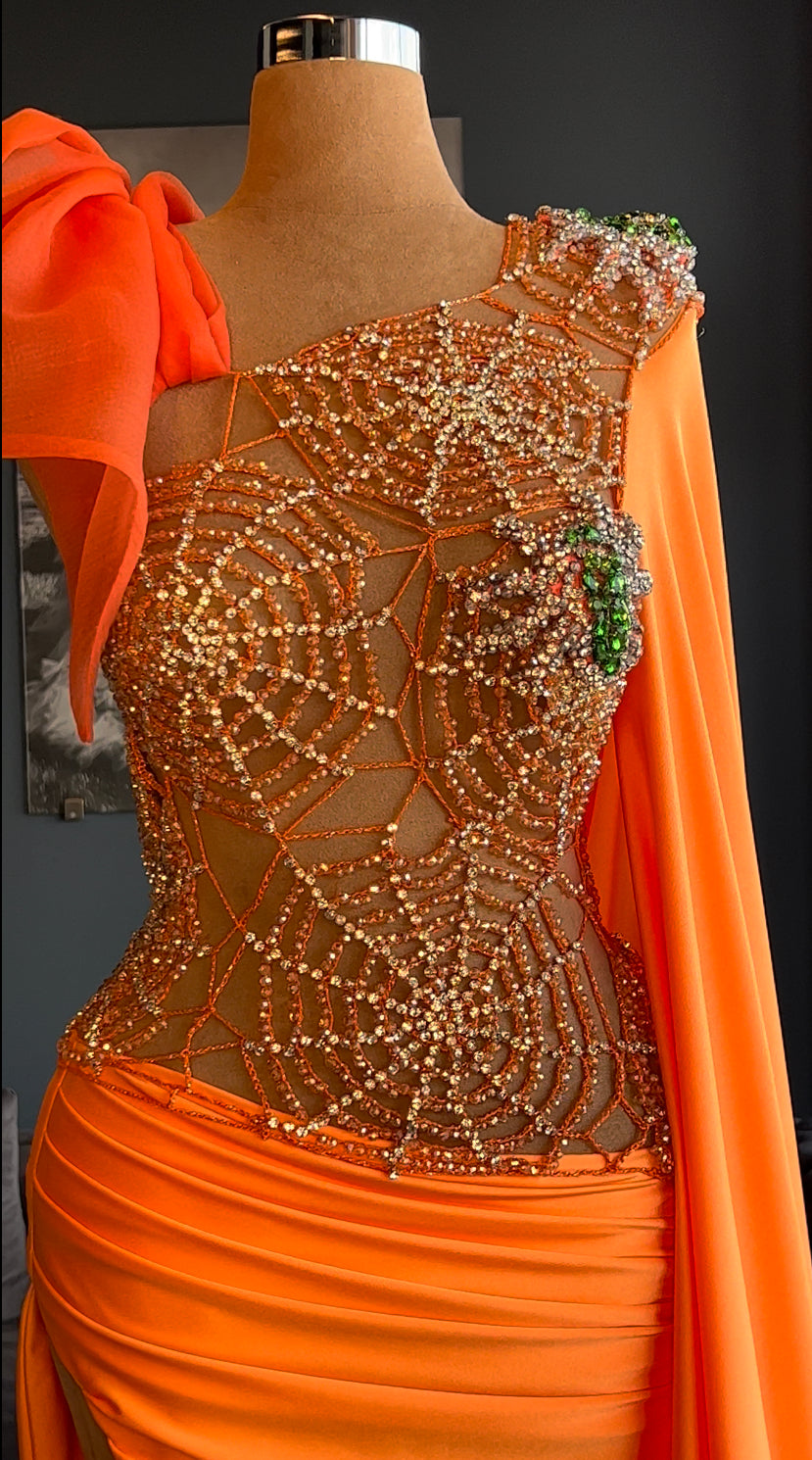 Spider Web Embellished Orange Gown